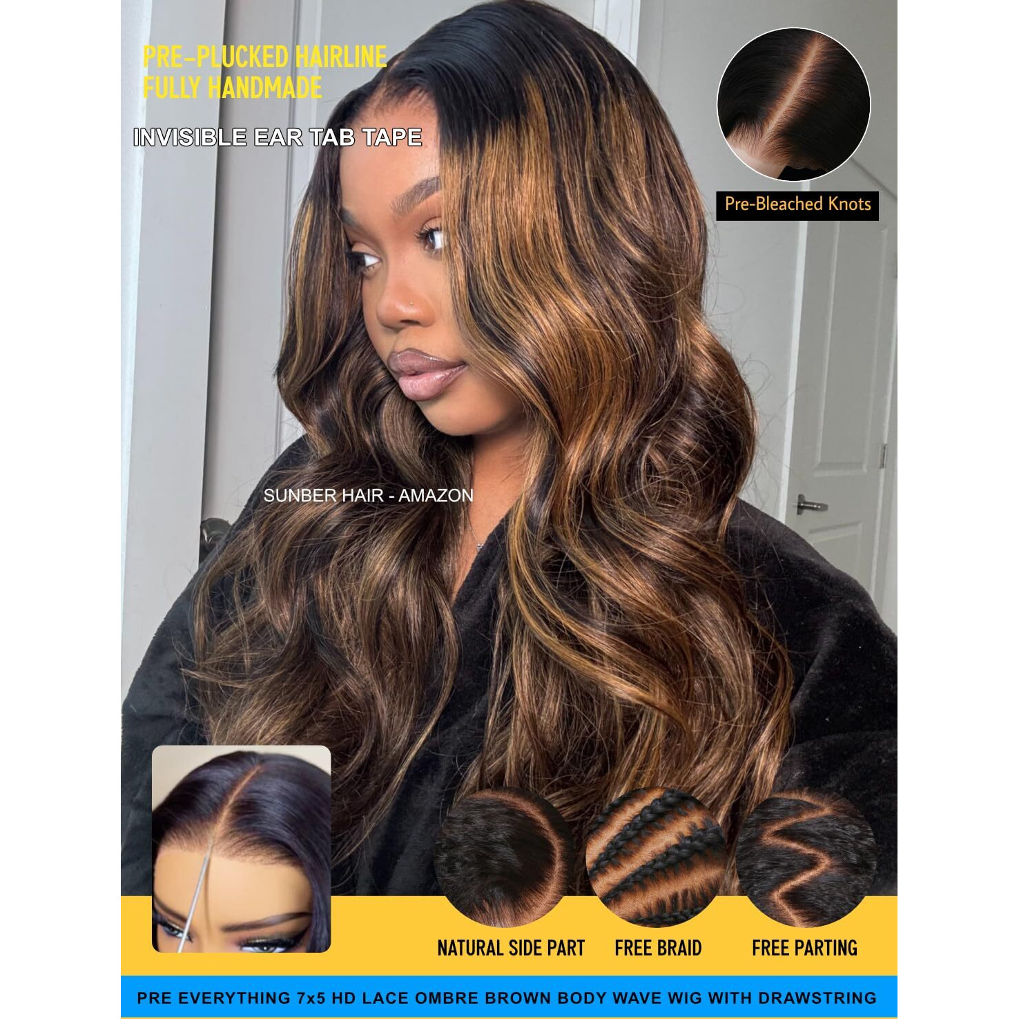 Sunber Ombre Highlight Brown Body Wave Human Hair Glueless Balayage Wigs Pre Cut 7X5 Hd Lace Front With Elastic Drawstring 150% Density Put On And Go Pre Plucked Pre Bleached Invisible Knots 16Inch