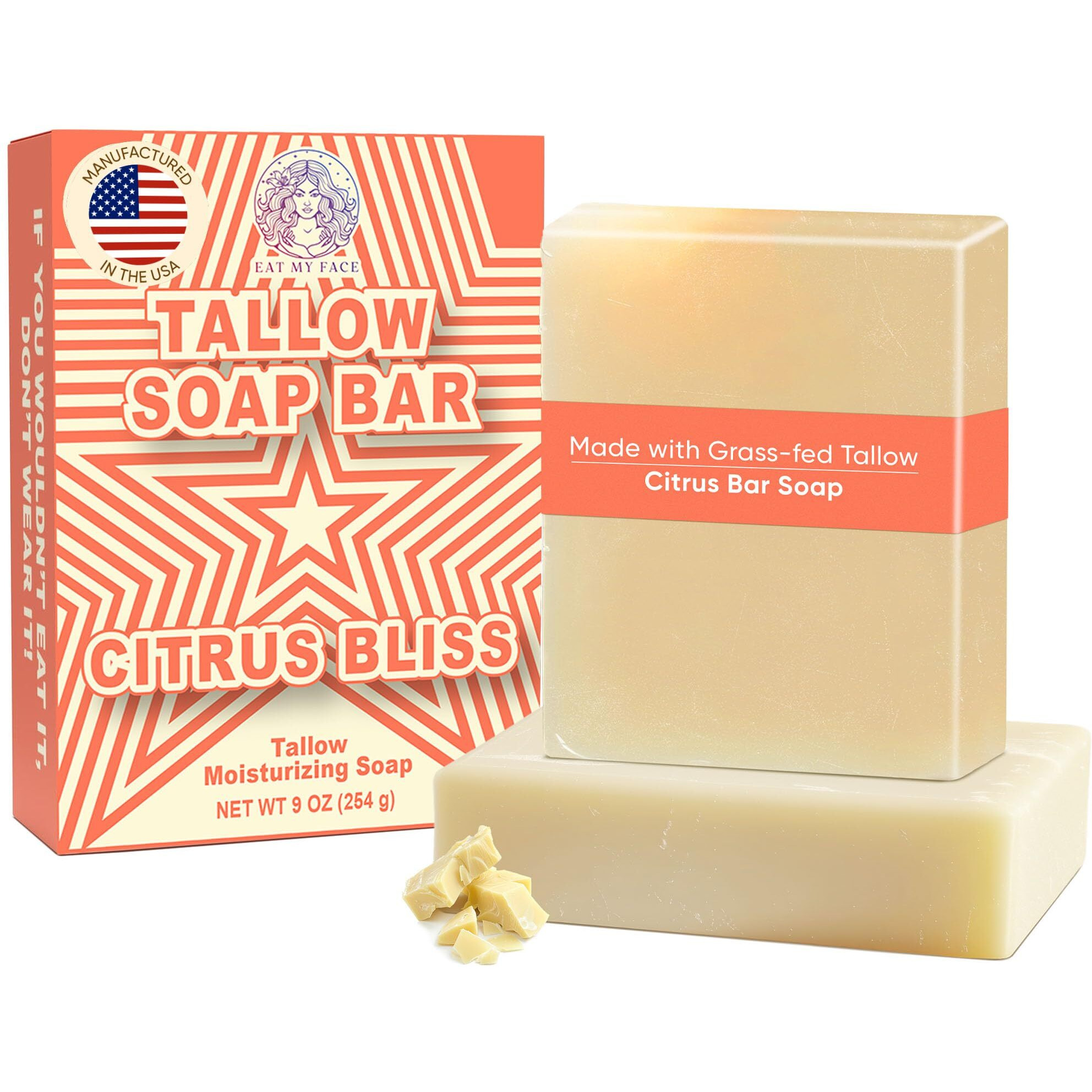 Beef Tallow Soap Bar Grass Fed - Organic Body Soaps, Face Tallow Soap Bar For Women - All Natural Soaps For Sensitive Skin, Moisturizing & Nourishing Cleanser For All Skin Types, In Citrus Bliss Scent