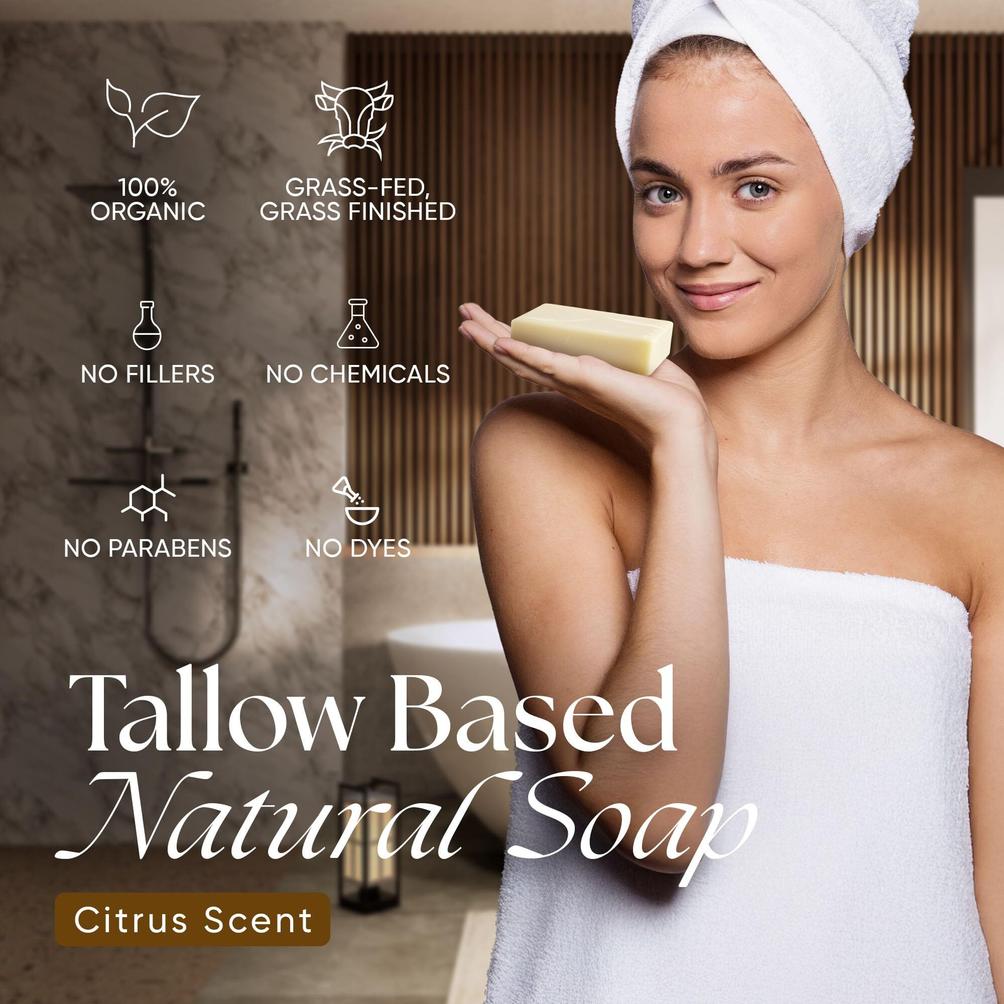 Beef Tallow Soap Bar Grass Fed - Organic Body Soaps, Face Tallow Soap Bar For Women - All Natural Soaps For Sensitive Skin, Moisturizing & Nourishing Cleanser For All Skin Types, In Citrus Bliss Scent