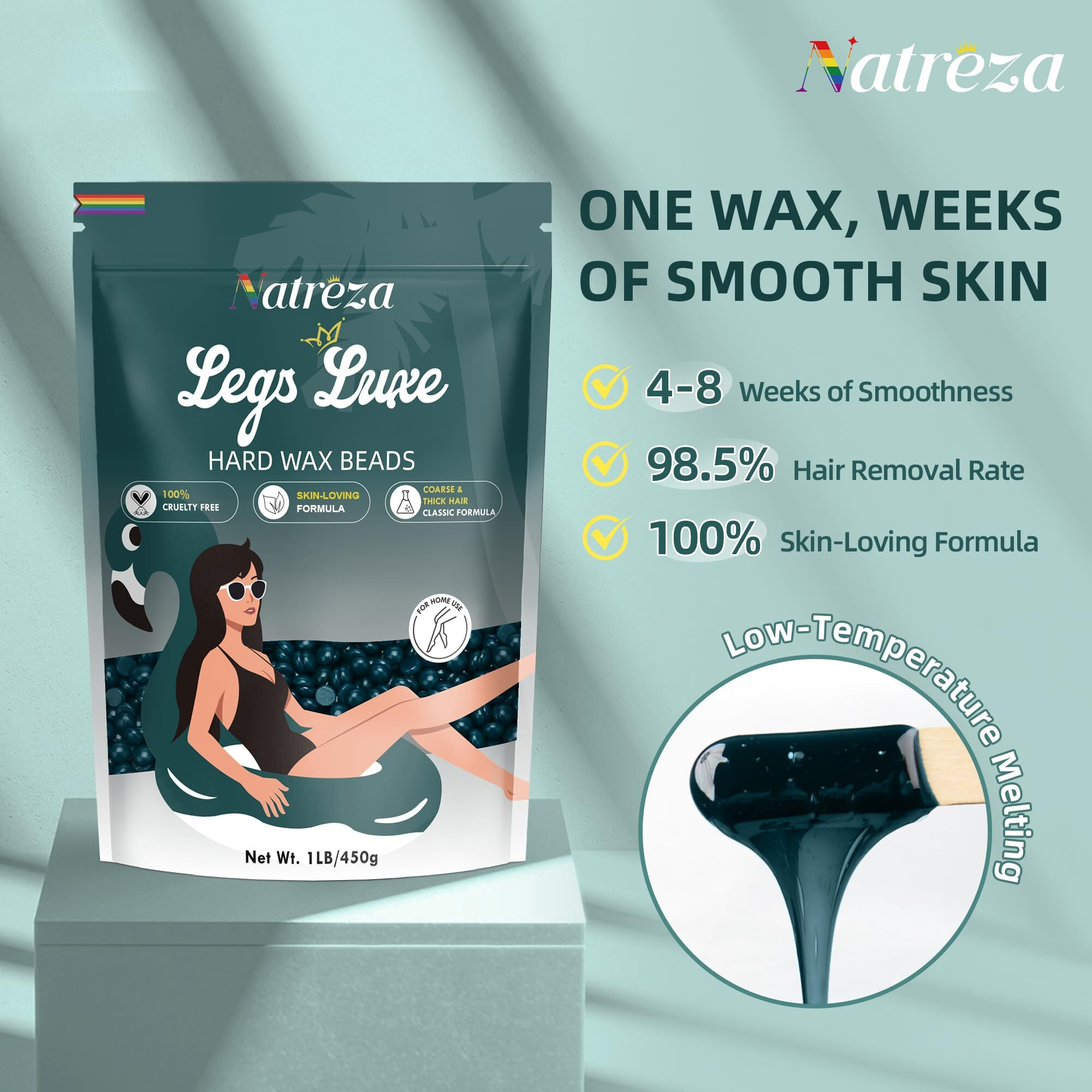 Natreza Wax Beads For Hair Removal, 1Lb Hard Wax Beans For Full Body, Brazilian, Bikini, Legs, Arms, Face, Thick Hair Formula, Waxing Beads For Women & Men, Dark Green