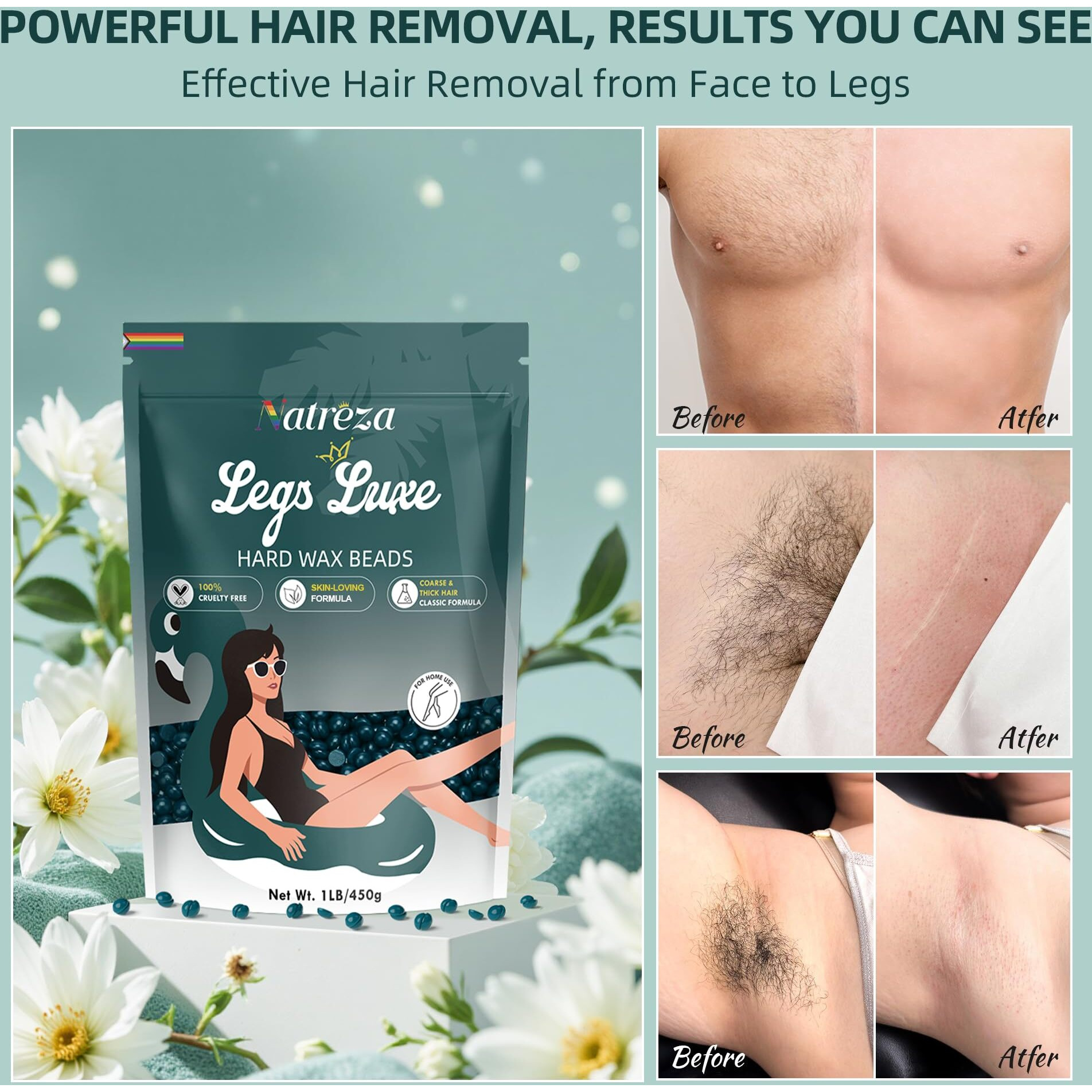 Natreza Wax Beads For Hair Removal, 1Lb Hard Wax Beans For Full Body, Brazilian, Bikini, Legs, Arms, Face, Thick Hair Formula, Waxing Beads For Women & Men, Dark Green