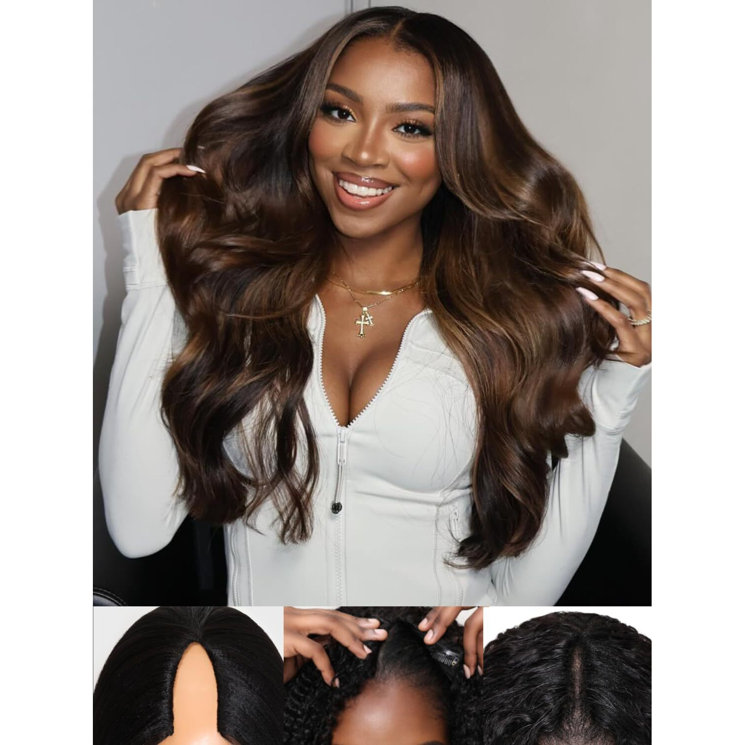 Sunber Easicontour V Part Human Hair Glueless Ombre Chestnut Brown Body Wave Wig Upgrade Vpart Wigs 180% Density No Leave Out No Gel V Shape Clip No Sew In Beginner Friendly Put On And Go 18Inch