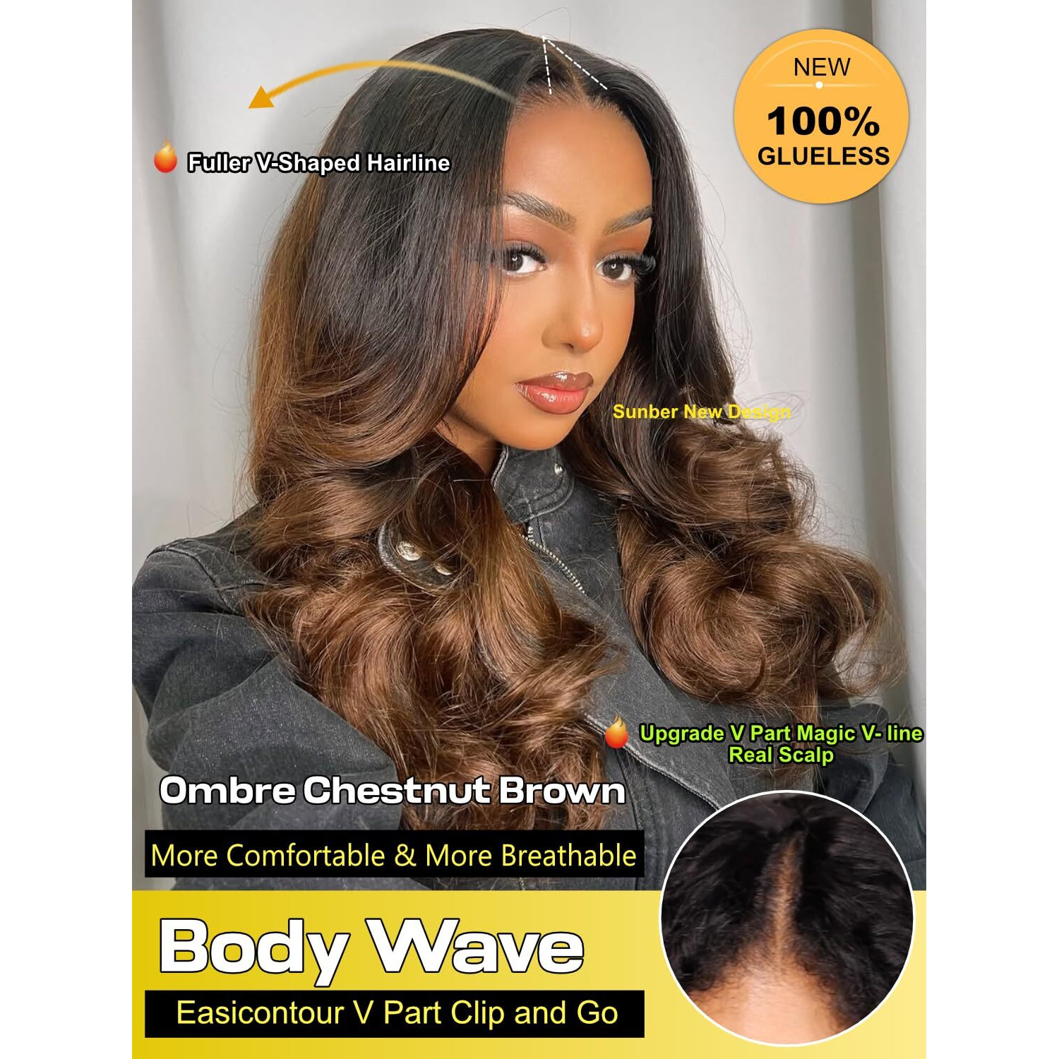 Sunber Easicontour V Part Human Hair Glueless Ombre Chestnut Brown Body Wave Wig Upgrade Vpart Wigs 180% Density No Leave Out No Gel V Shape Clip No Sew In Beginner Friendly Put On And Go 18Inch