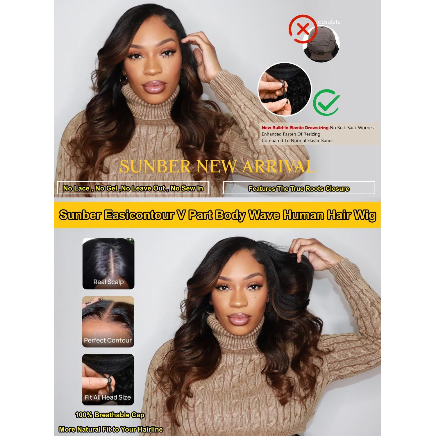 Sunber Easicontour V Part Human Hair Glueless Ombre Chestnut Brown Body Wave Wig Upgrade Vpart Wigs 180% Density No Leave Out No Gel V Shape Clip No Sew In Beginner Friendly Put On And Go 18Inch