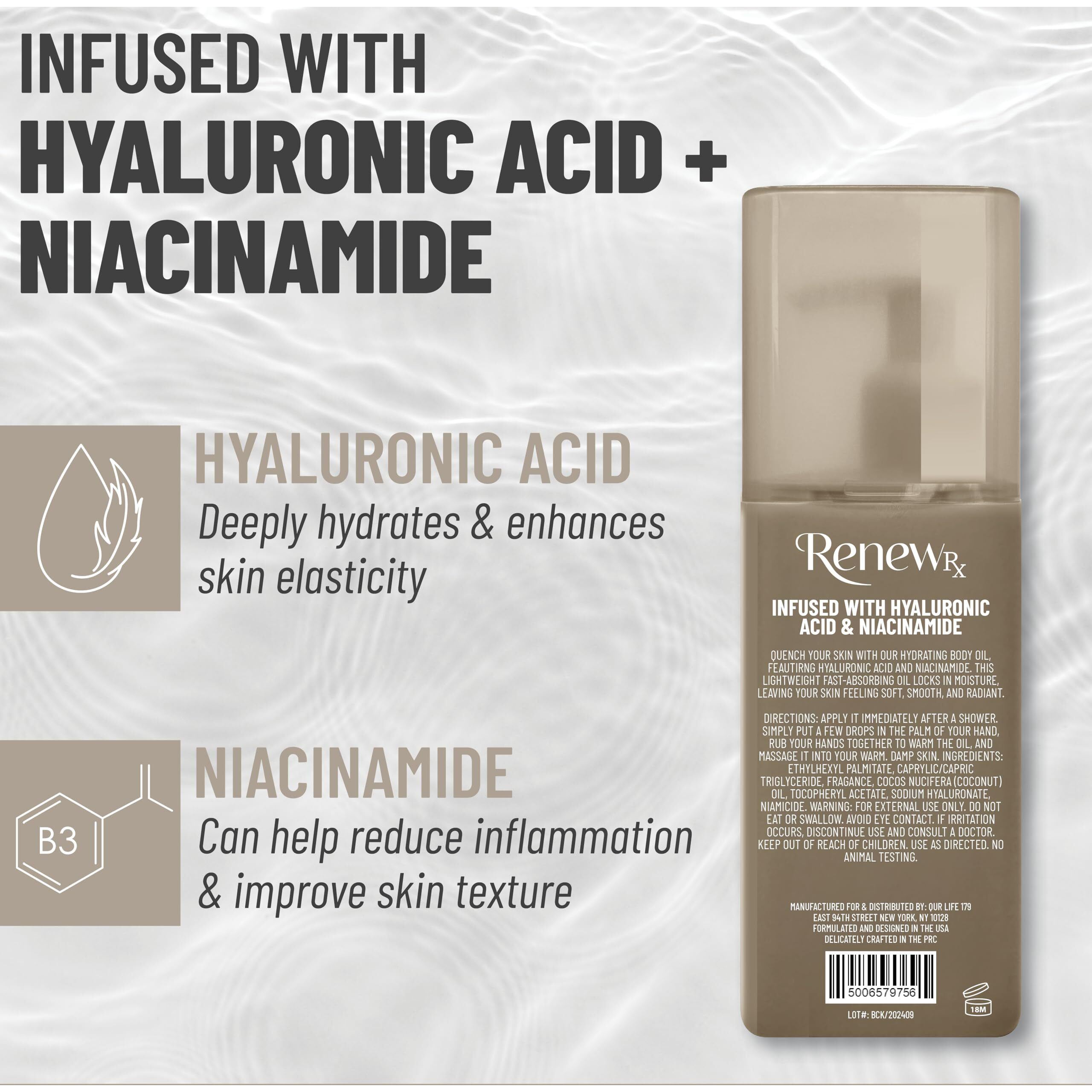 Renew Rx Hyaluronic Acid + Niacinamide Moisturizing Body Oil - Deep Hydration & Skin Care, Skin Perfecting Vegan Skincare, 10 Fl Oz