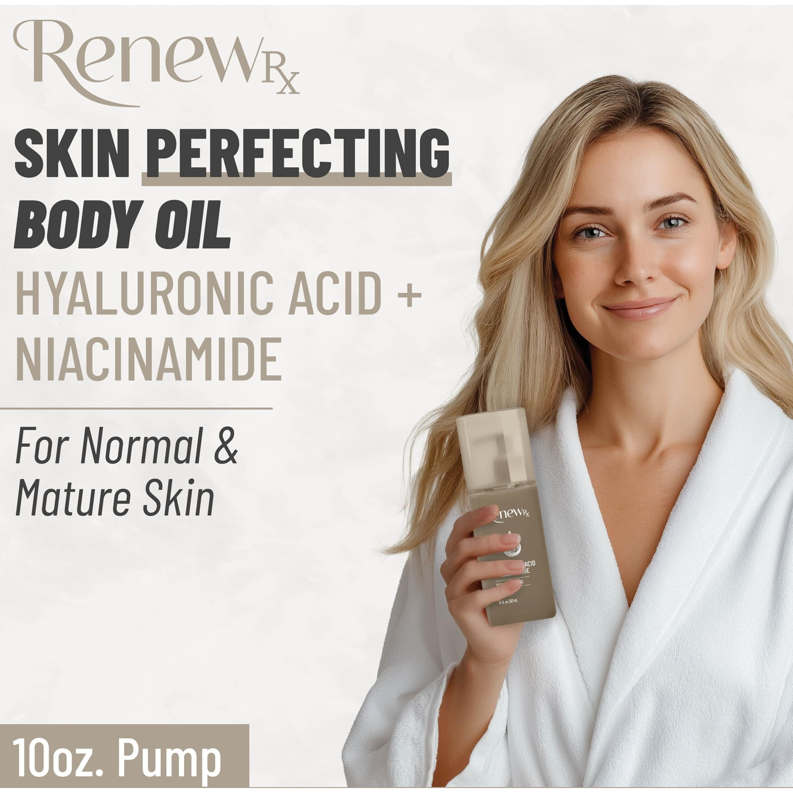 Renew Rx Hyaluronic Acid + Niacinamide Moisturizing Body Oil - Deep Hydration & Skin Care, Skin Perfecting Vegan Skincare, 10 Fl Oz