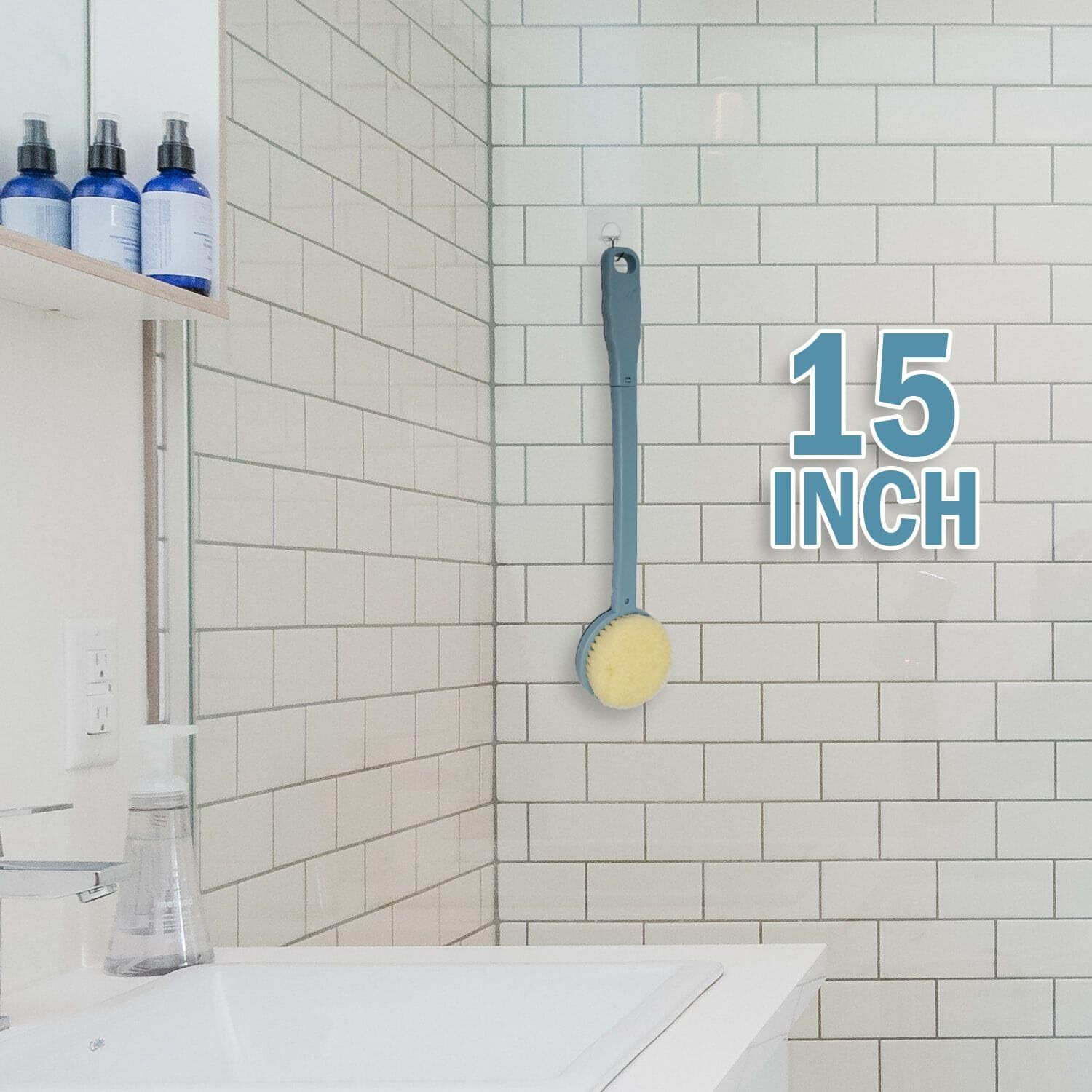 Bath Body Brush 15"" Long Handle Back Shower Brush Exfoliating Back, Body And Feet Scrubber (Blue & Green)