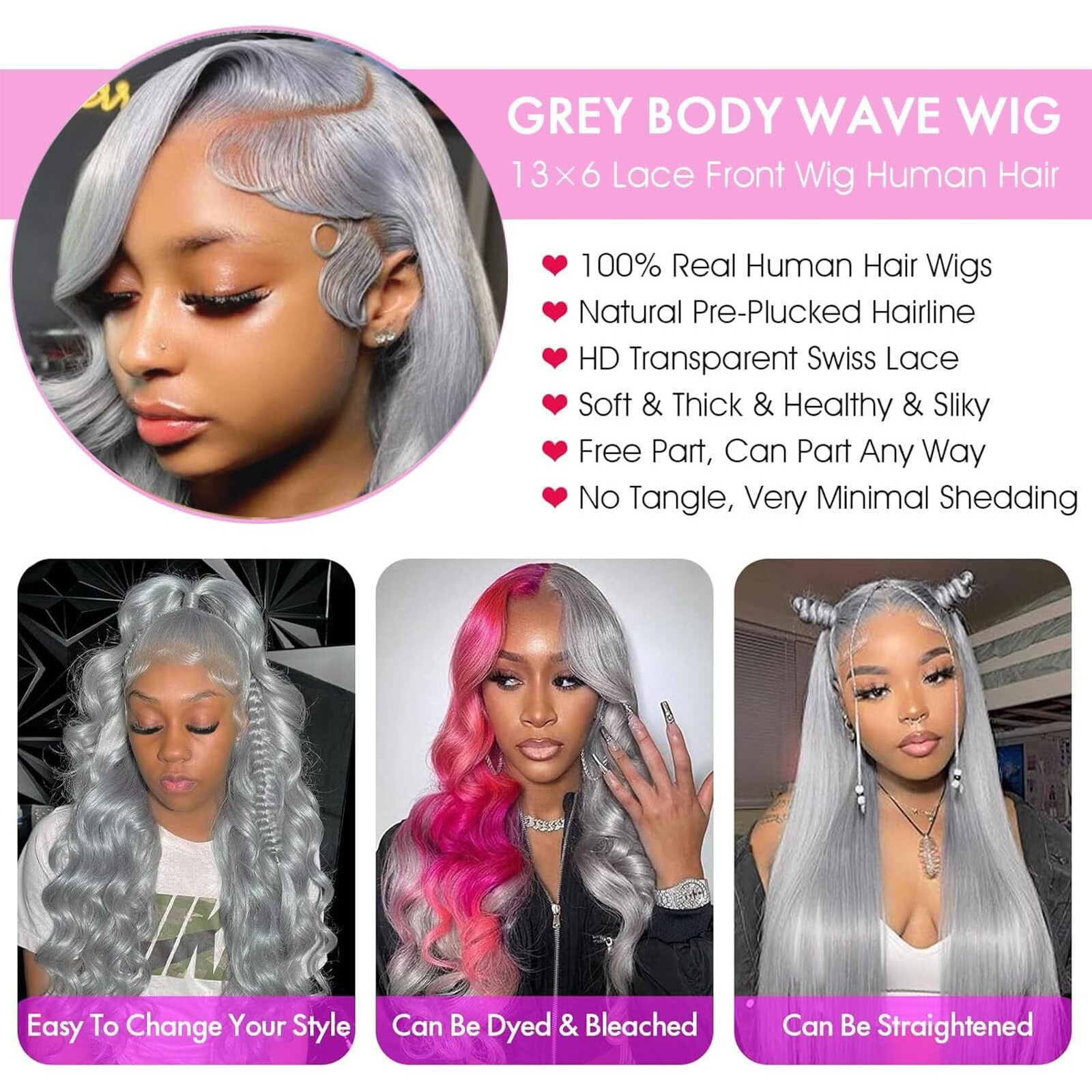 34 Inch Grey Lace Front Wigs Human Hair Silver Grey Body Wave 13X6 Hd Lace Frontal Wig Human Hair Pre Plucked With Baby Hair 180% Density Colored Wear And Go Glueless Wigs Human Hair For Women