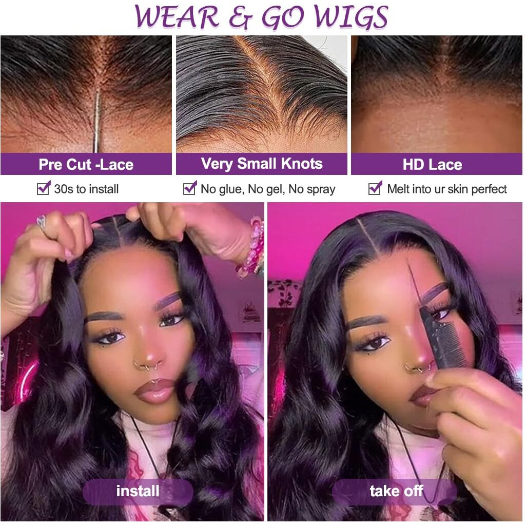 Uonoco Wear And Go Glueless Wigs Human Hair Pre Plucked Pre Cut 5X5 Hd Lace Closure Wigs Human Hair Ready To Wear Body Wave Lace Front Glueless Wig For Black Women 180 Density With Natural Hairline