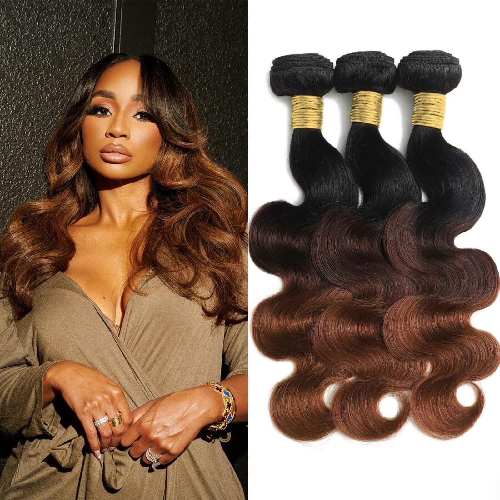 T1B/2/30 Chestnut Brown Ombre Human Hair Bundles Body Wave 100% Real Virgin Human Hair Bundles 20 22 24 Inch Dark Roots Bundle 3 Tone Ombre Medium Auburn Colored Sew In Quick Weaves