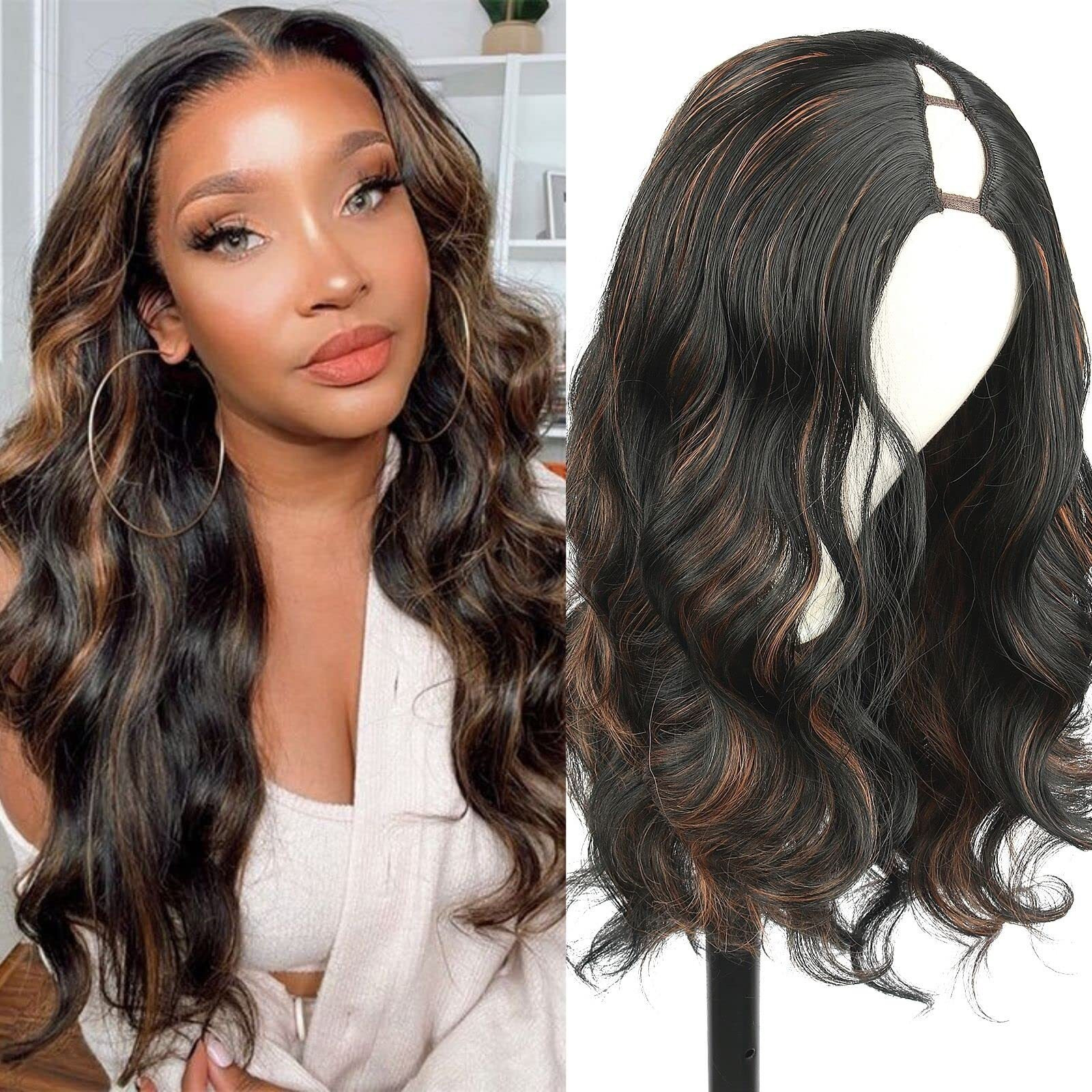 Mayouda Brown V Part Wig Long Body Wavy Wig Upgrade U Part Synthetic Wigs For Black Women Full Head Clip In Hair Glueless Synthetic Wigs