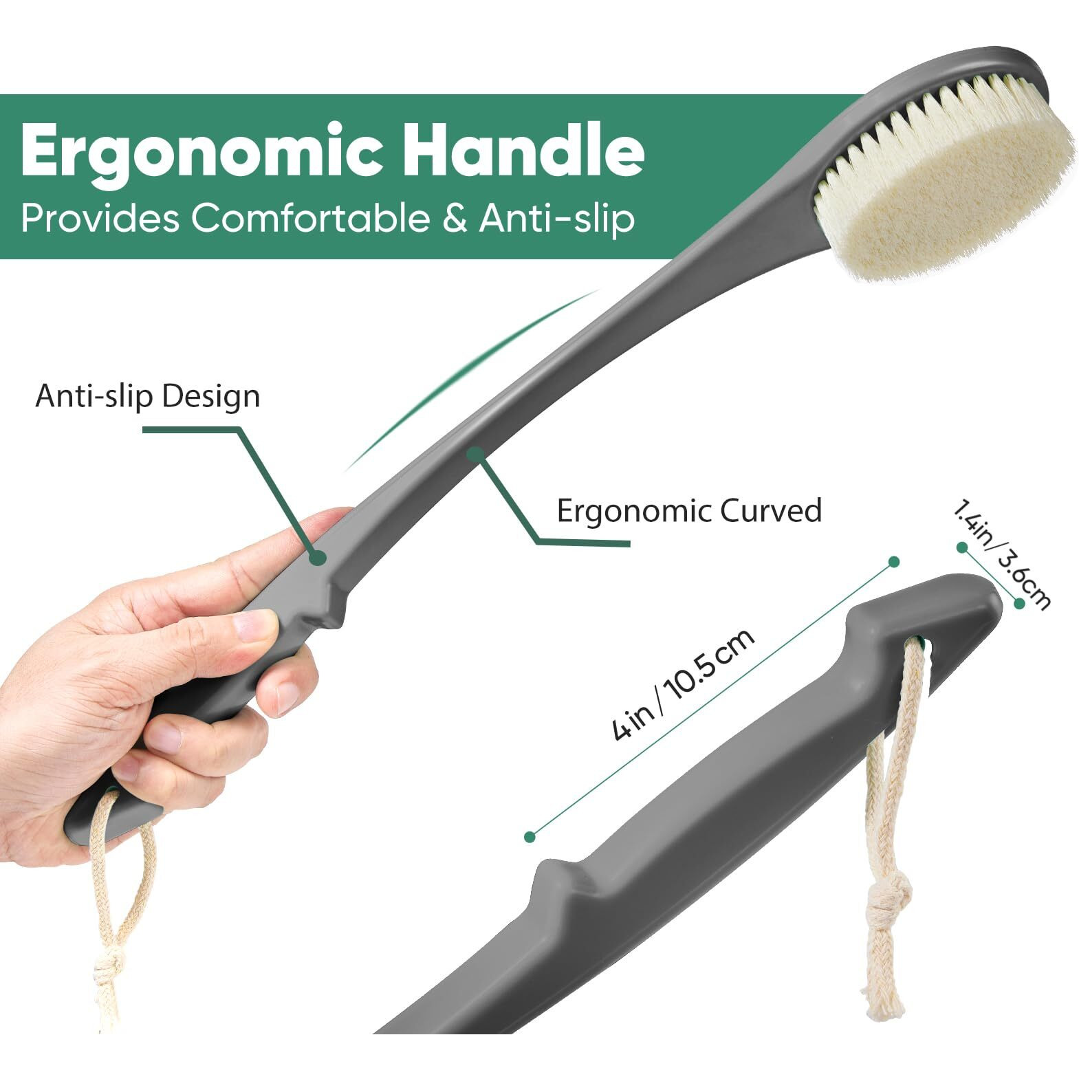 Back Scrubber For Shower, 17-Inch Shower Brush For Men And Women, Long Handle Exfoliating Body Brush, Medium Bristle Stiffness For Dry Or Wet Brushing (Deep Gray)