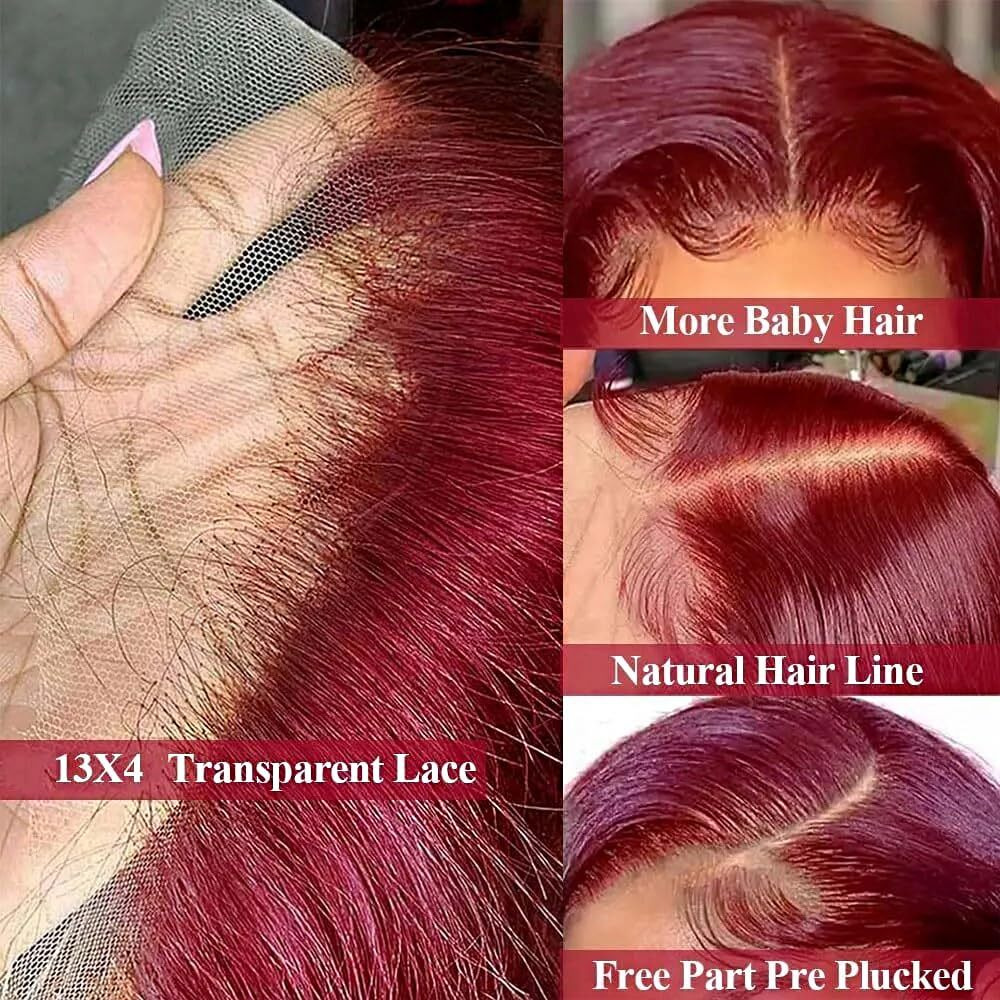 99J Burgundy Lace Front Wigs Human Hair Bob Wig Human Hair 13X4 Body Wave Lace Front Wigs Human Hair Pre Plucked 200% Density Wine Red Wig Human Hair 12 Inches