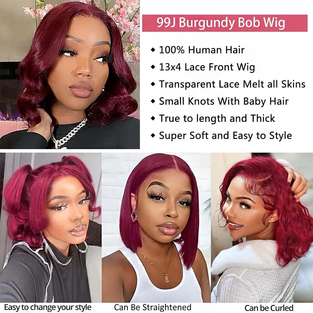 99J Burgundy Lace Front Wigs Human Hair Bob Wig Human Hair 13X4 Body Wave Lace Front Wigs Human Hair Pre Plucked 200% Density Wine Red Wig Human Hair 12 Inches