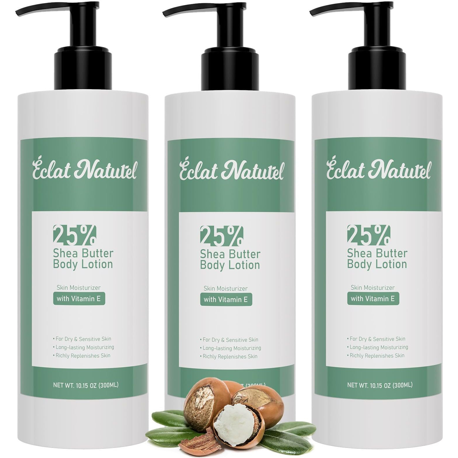 Clat Naturel Shea Butter Body Lotion For Dry Skin, 25% Shea Butter Lotion With Vitamin E Moisturizer, Hydrating Nourishing Moisturizing Pump Body And Hand Cream, 10.15 Fl Oz (Package Of 3)