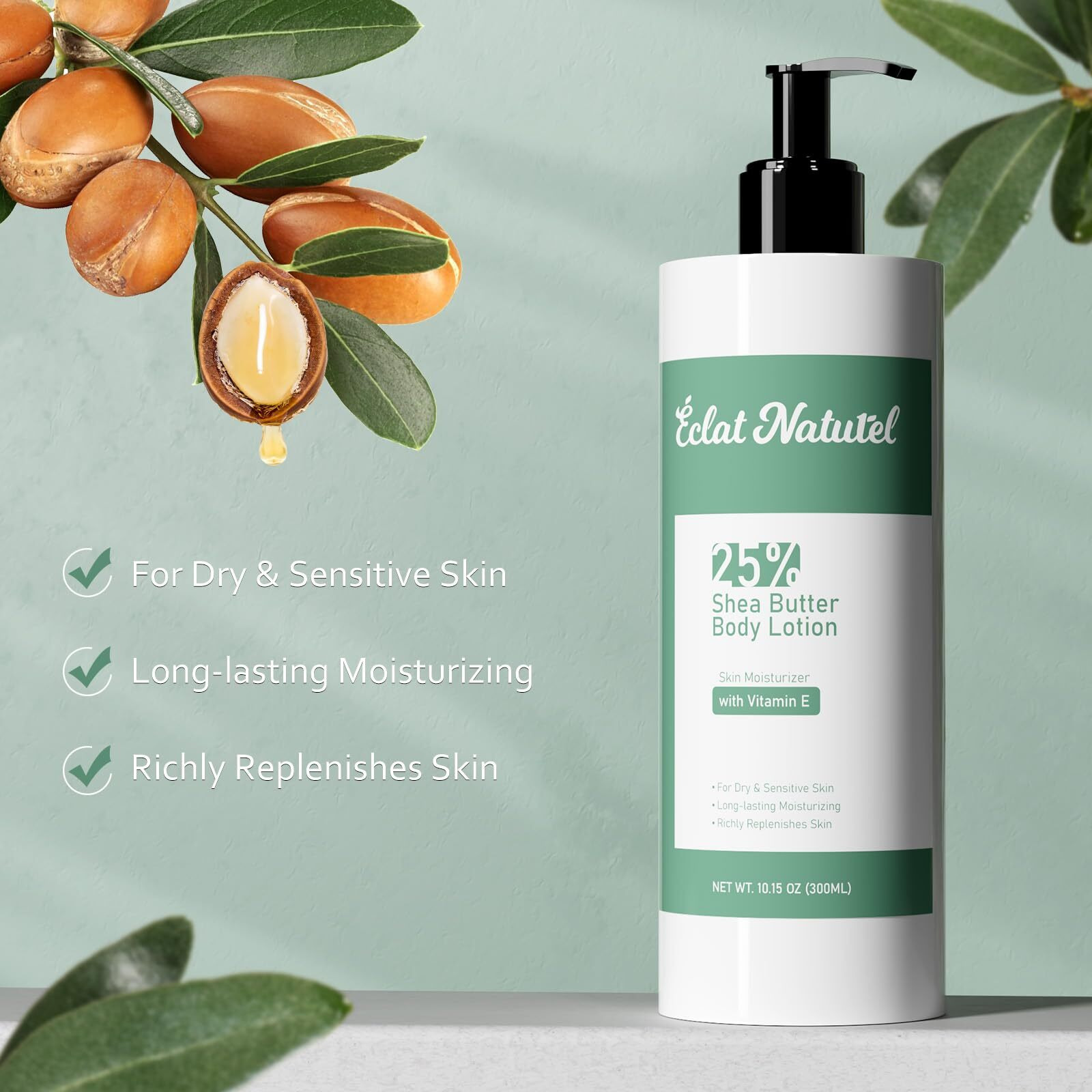 Clat Naturel Shea Butter Body Lotion For Dry Skin, 25% Shea Butter Lotion With Vitamin E Moisturizer, Hydrating Nourishing Moisturizing Pump Body And Hand Cream, 10.15 Fl Oz (Package Of 3)