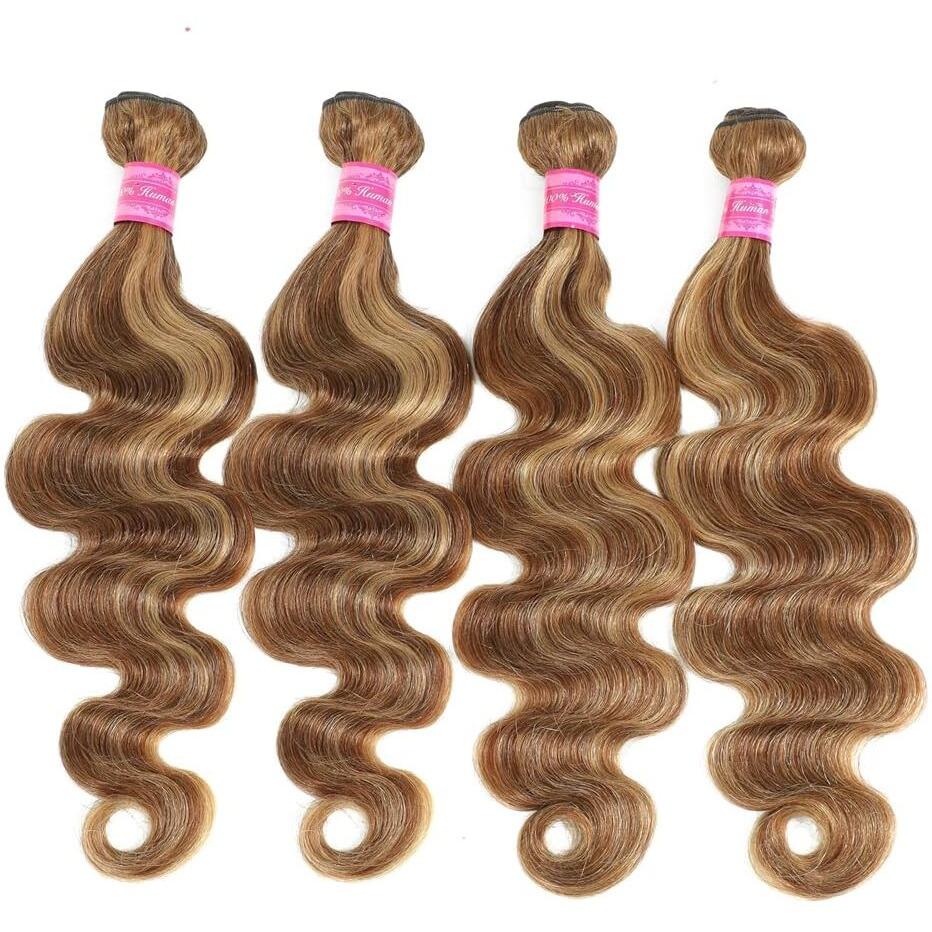 4/27 Human Hair Bundles Ombre Highlight Body Wave 3 Bundles (16 18 20 22 Inch)12A Honey Blonde Wet And Wavy Human Hair Double Weft No Smell No Tangle