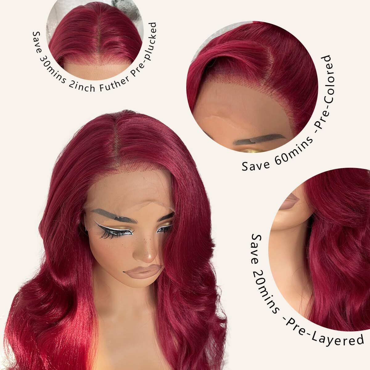 Blackswern 13X6 Hd Glueless Lace Frontal Wigs Pre-Plucked, 200 Density 99J Burgundy Similar Human Hair Synthetic Long Body Wave Lace Front Wig Ready To Wear, 26Inch Burgundy