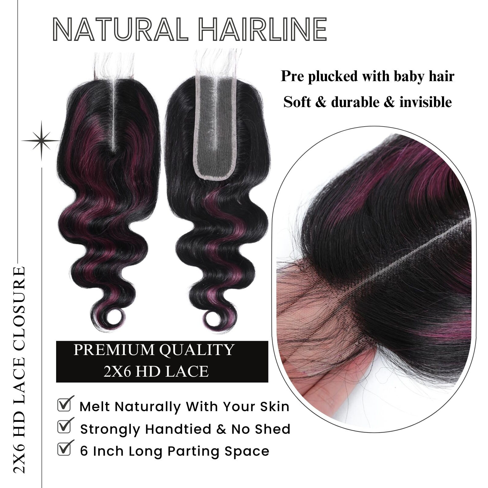 Alher 12A Black Mix Purple Highlight Bundles With 2X6 Closure Human Hair Body Wave, 100% Remy Hair 1B/Purple Burgundy Colored 3 Bundles With Long Deep Part Lace 2X6 Hd Lace Closure 10 12 14+10 Inch