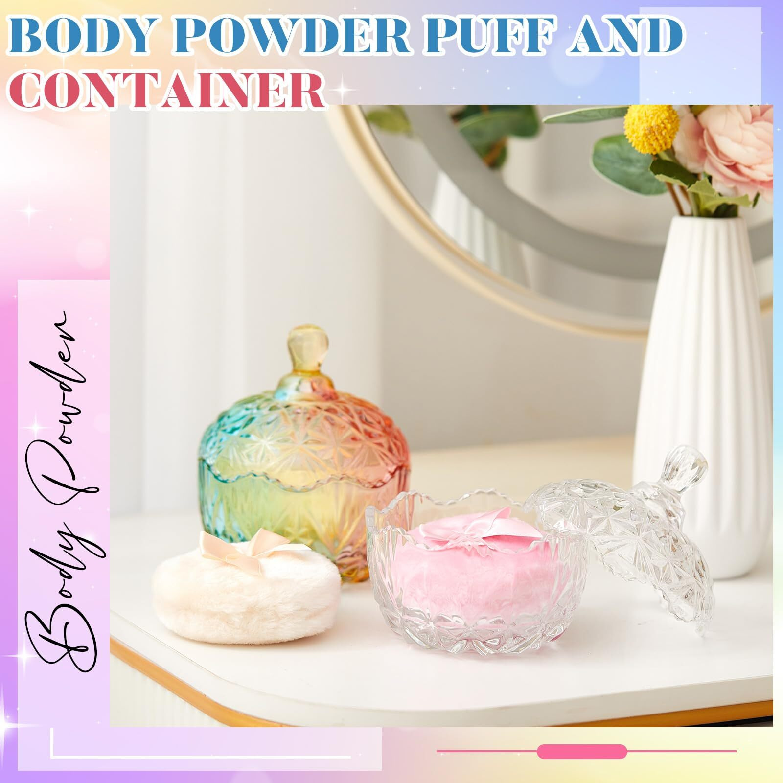 Tioncy 4 Pcs Large Body Powder Puff And Container Extra Large Body Powder Puff Dish Soft Washable Reusable Fluffy Makeup Sponge Wet Dry(Diamond,Colorful And Clear)