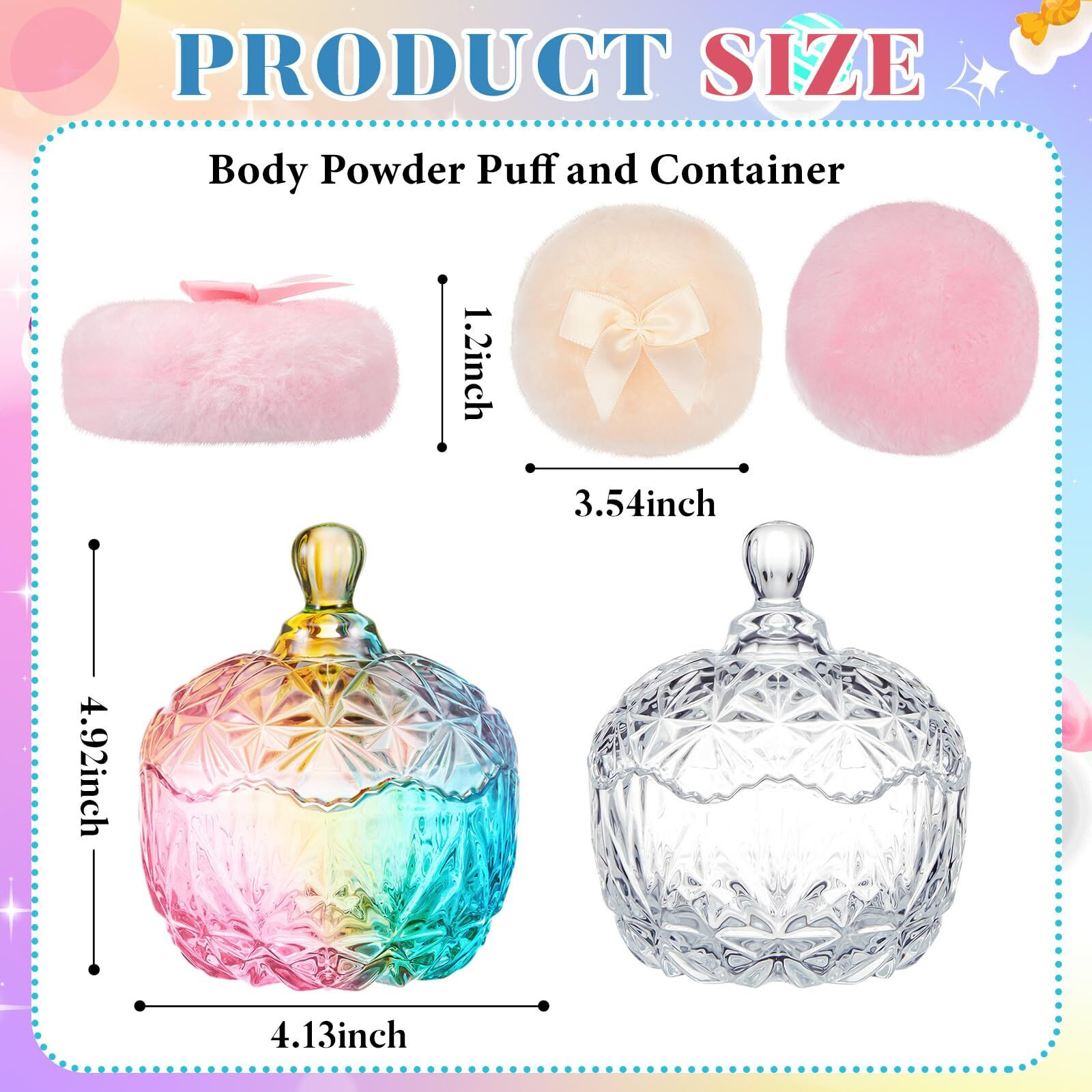 Tioncy 4 Pcs Large Body Powder Puff And Container Extra Large Body Powder Puff Dish Soft Washable Reusable Fluffy Makeup Sponge Wet Dry(Diamond,Colorful And Clear)