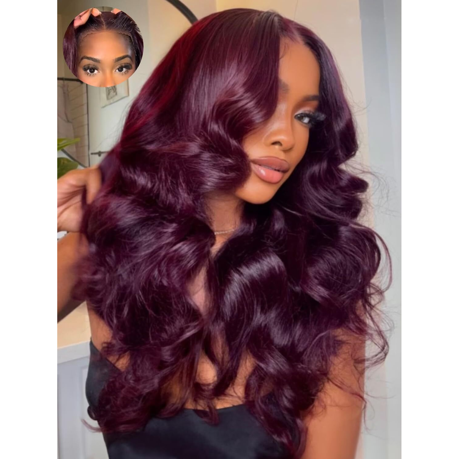 Klaiyi Black Cherry Loose Body Wave Pre Eeverything 13X4 Lace Frontal Wigs Human Hair Bye Bye Knots Glueless Ready To Wear And Go Wig With Face Framing Bangs Drawstring Pre Plucked Burgundy Wig 22Inch