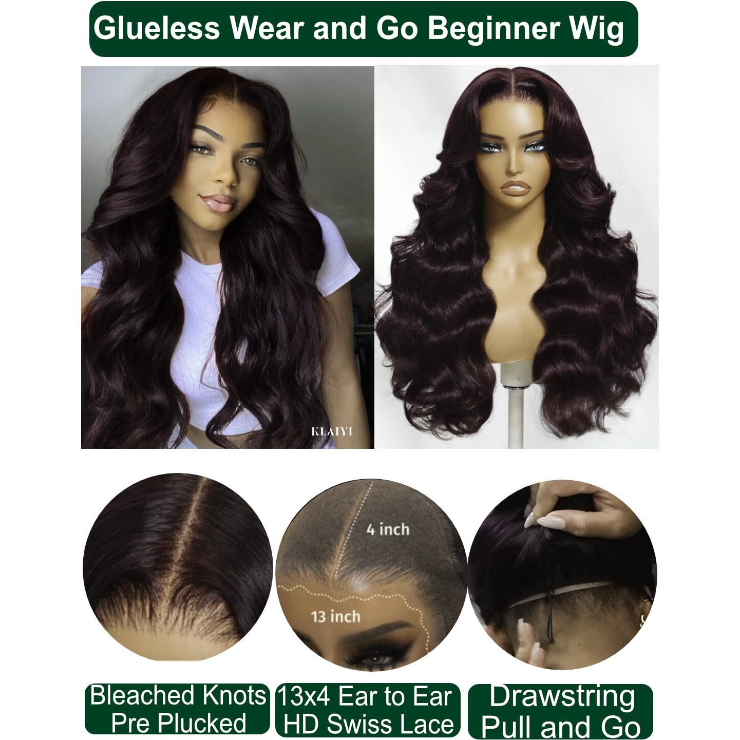 Klaiyi Black Cherry Loose Body Wave Pre Eeverything 13X4 Lace Frontal Wigs Human Hair Bye Bye Knots Glueless Ready To Wear And Go Wig With Face Framing Bangs Drawstring Pre Plucked Burgundy Wig 22Inch