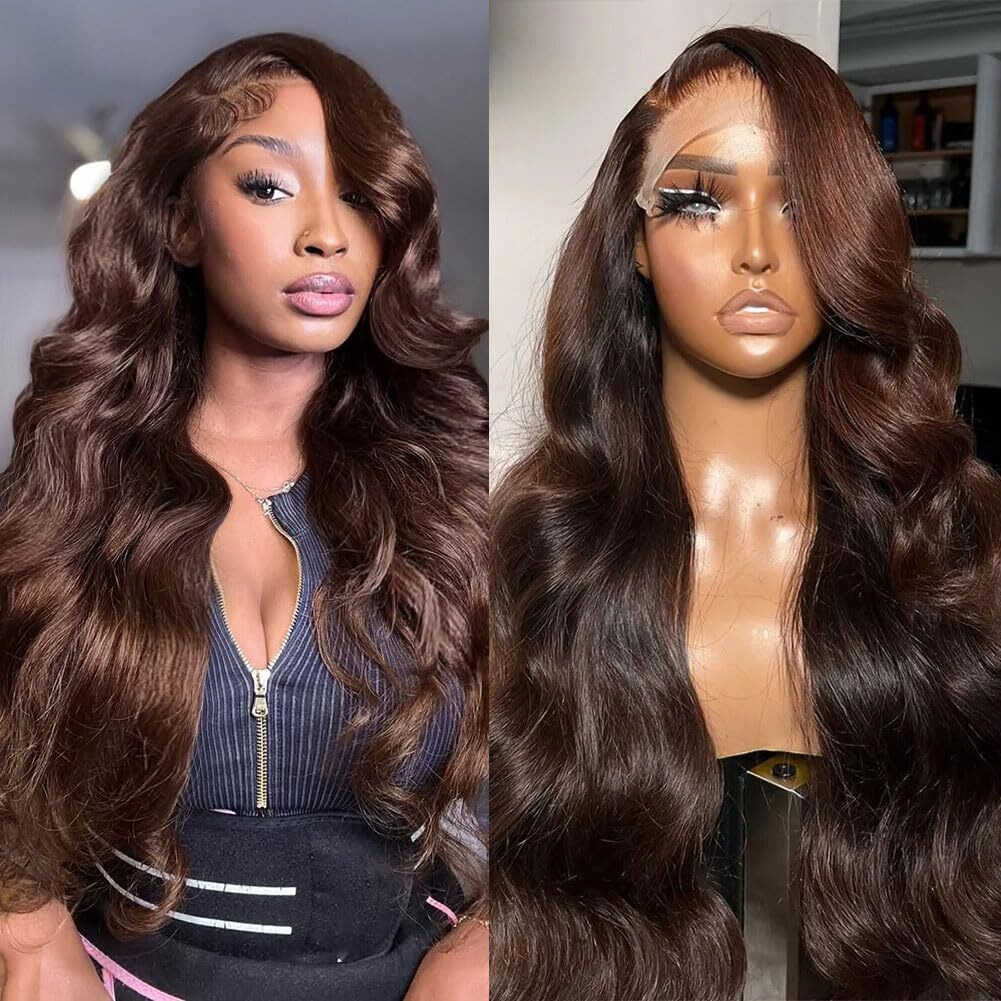 Studyy 28 Inch Chocolate Brown Lace Front Wig Human Hair 13X6 Transparent Brown Body Wave Lace Front Wigs Pre Plucked With Baby Hair Hd Lace Wig Colored Frontal Wigs For Women