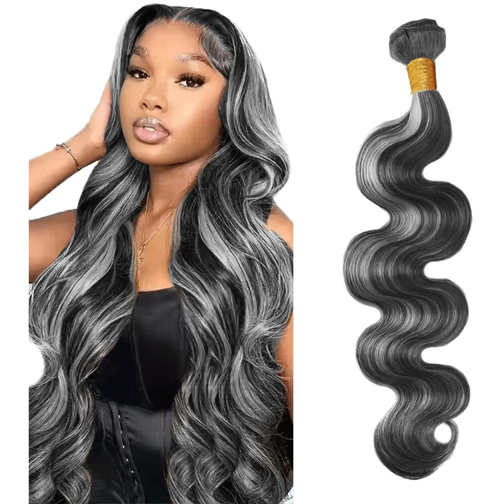 P1Bgrey Bundles Highlight Body Wave Human Hair Bundle Color 1Bgray Ombre Hair Extensions Two Tone Black Mixed With Silver 1 Bundle 34 Inch For Black Women