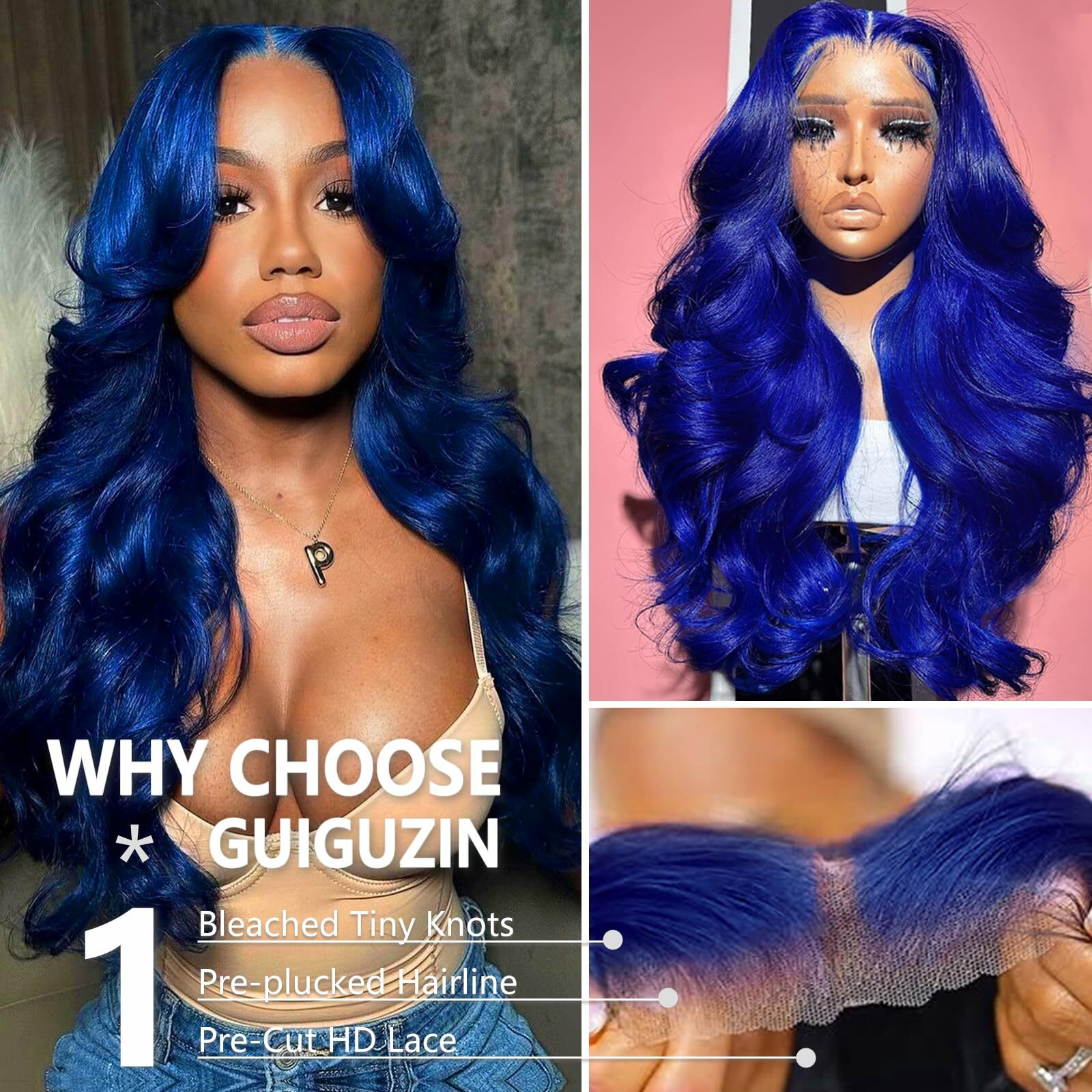 Guiguzin Dark Blue Lace Front Wigs Human Hair Pre Cut Colored Glueless Wig 9X6 Hd Transparent Body Wave Lace Front Human Hair Wig 200 Density Pre Plucked Frontal Blue Wigs For Women 24 Inch