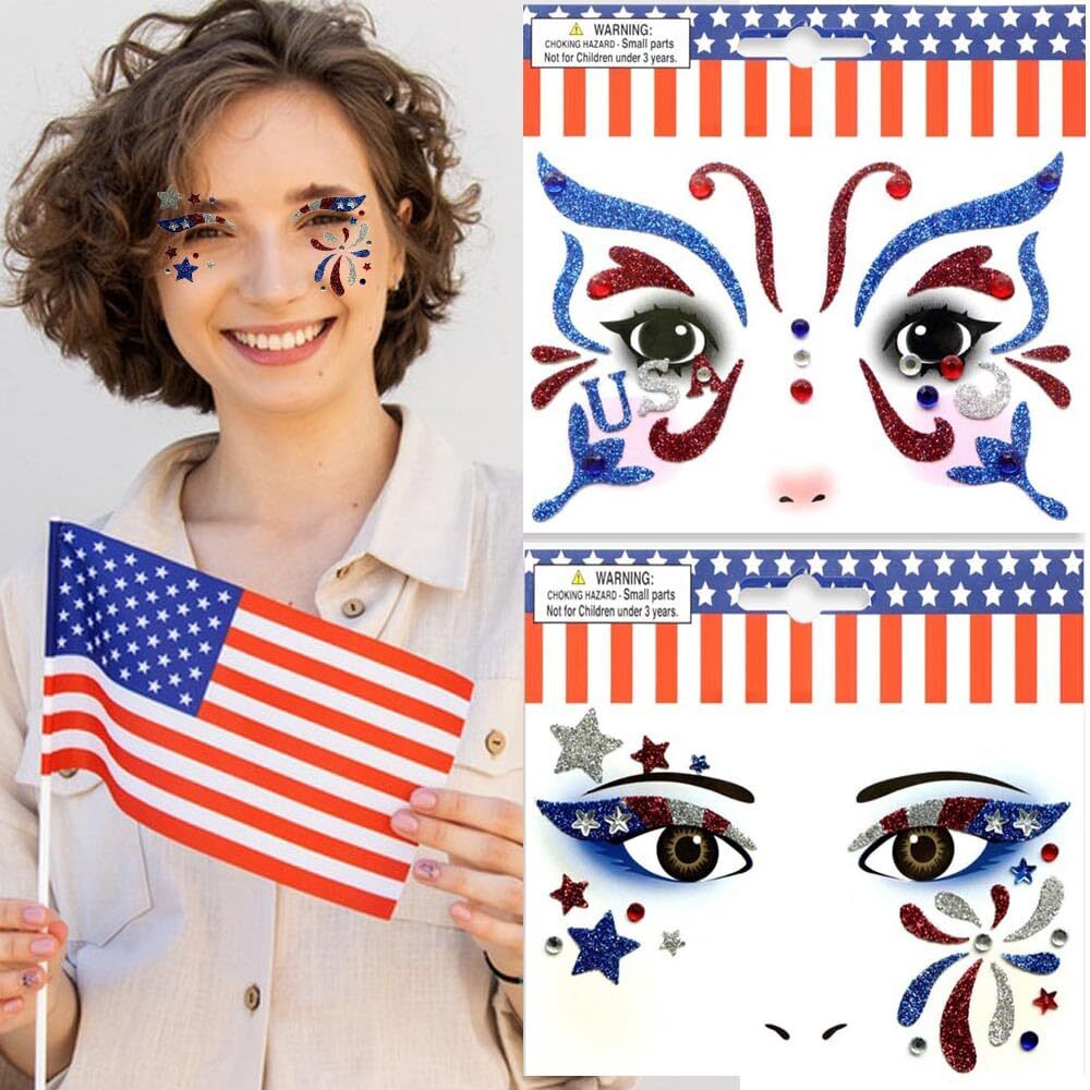 4Th Of July Face Gems Set, Glitter Usa Star Butterfly Face Temporary Tattoo Patriotic Eye Gems Face Stickers For Women, Body Eyes Jewels Stick On Face For Independence Day Party Festival Accessories