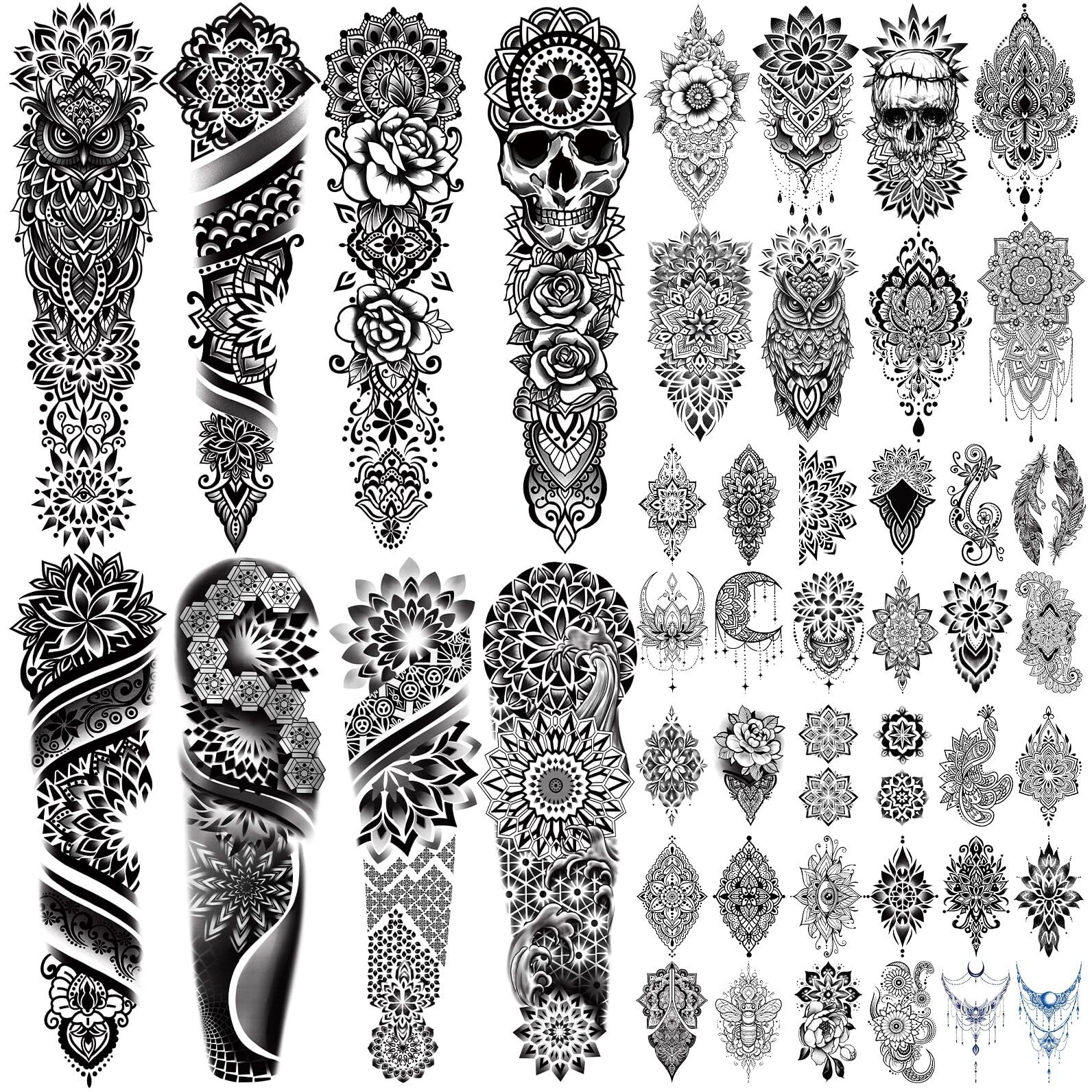 48 Sheets Mandala Datura Flowers Temporary Tattoo For Men Women, 8 Full Arm Tribal Vintage Black Lotus Fake Tattoos, 10 Half Arm Owl Moon Tattoos, 30 Tiny Body Tattoos Stickers Realistic Adult Kid