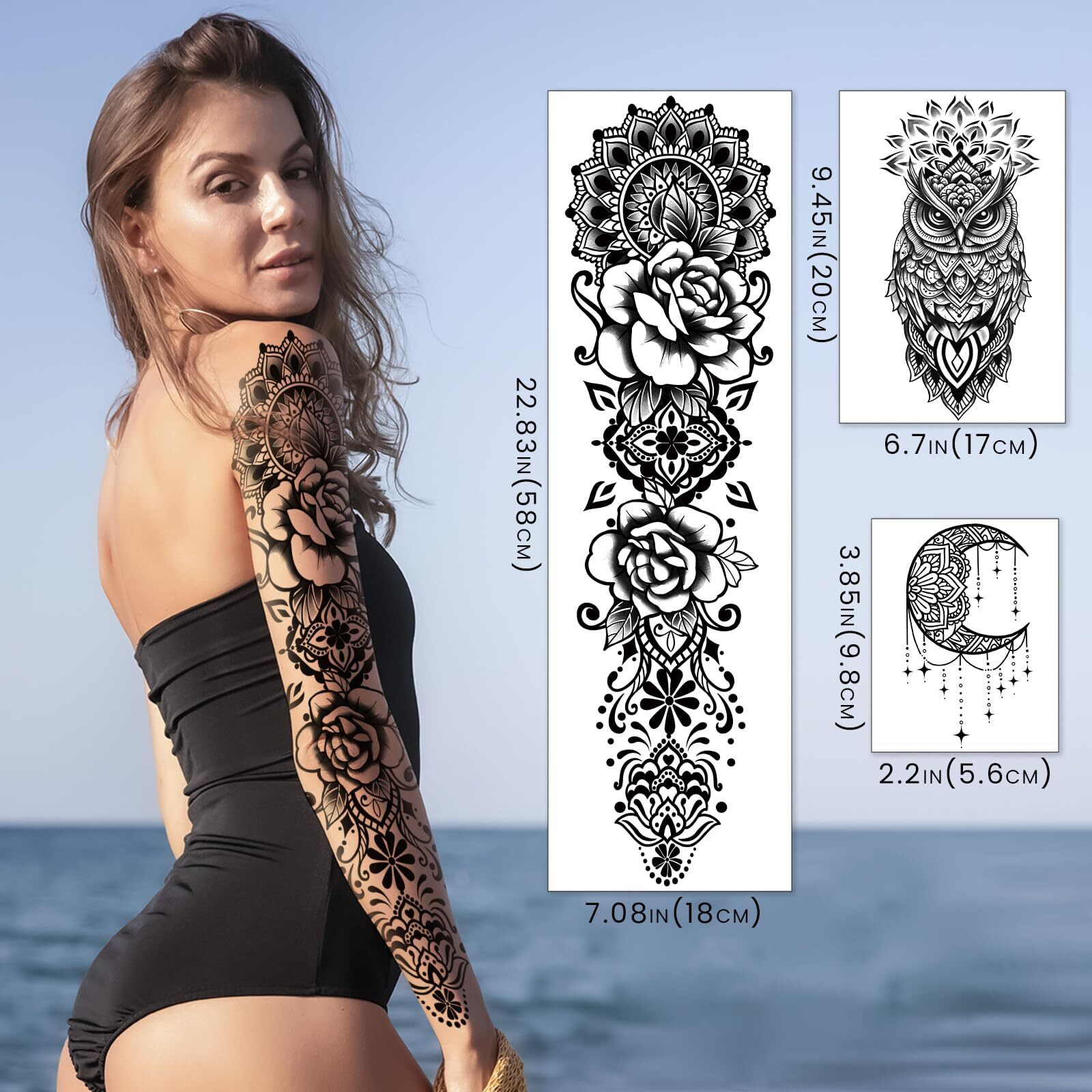 48 Sheets Mandala Datura Flowers Temporary Tattoo For Men Women, 8 Full Arm Tribal Vintage Black Lotus Fake Tattoos, 10 Half Arm Owl Moon Tattoos, 30 Tiny Body Tattoos Stickers Realistic Adult Kid