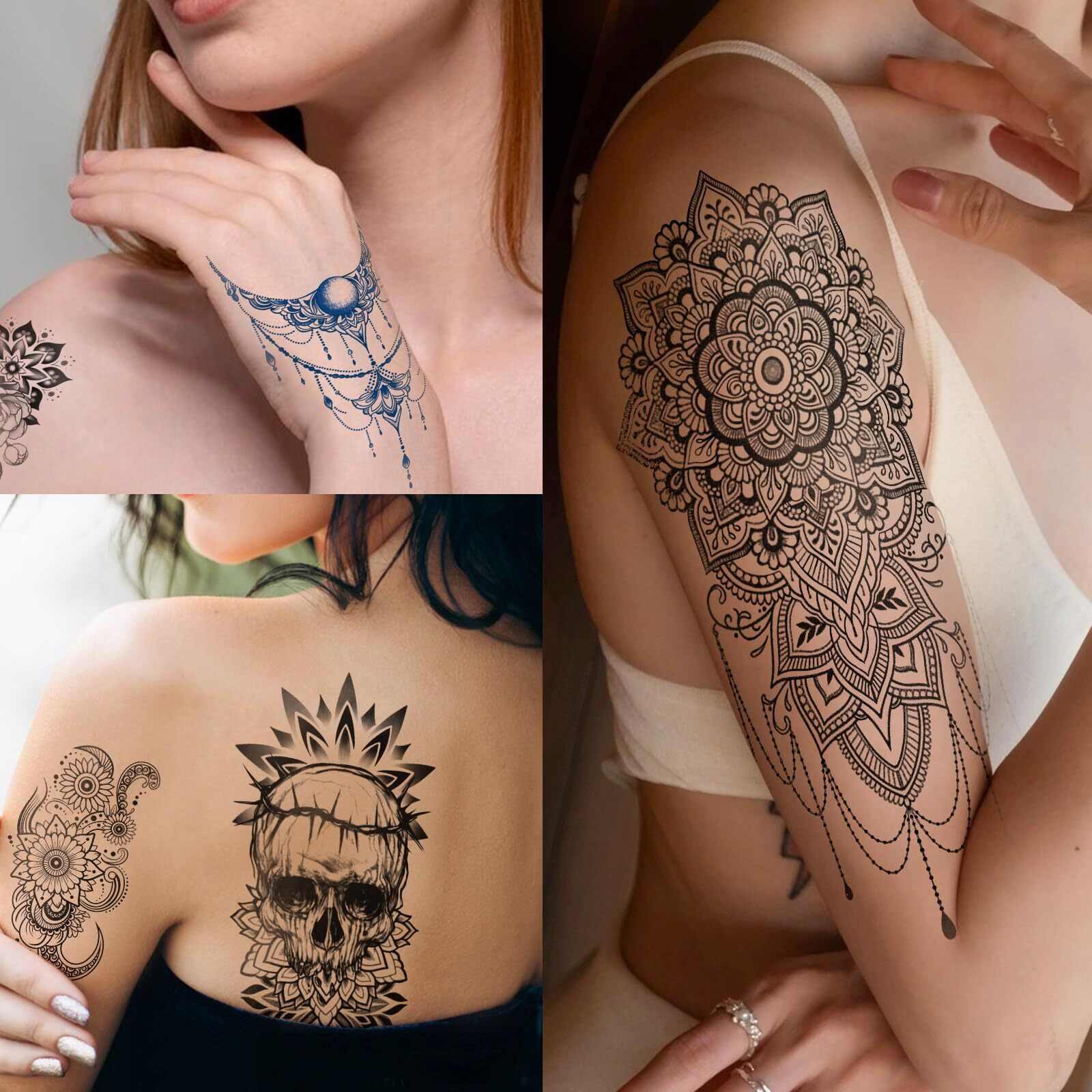 48 Sheets Mandala Datura Flowers Temporary Tattoo For Men Women, 8 Full Arm Tribal Vintage Black Lotus Fake Tattoos, 10 Half Arm Owl Moon Tattoos, 30 Tiny Body Tattoos Stickers Realistic Adult Kid