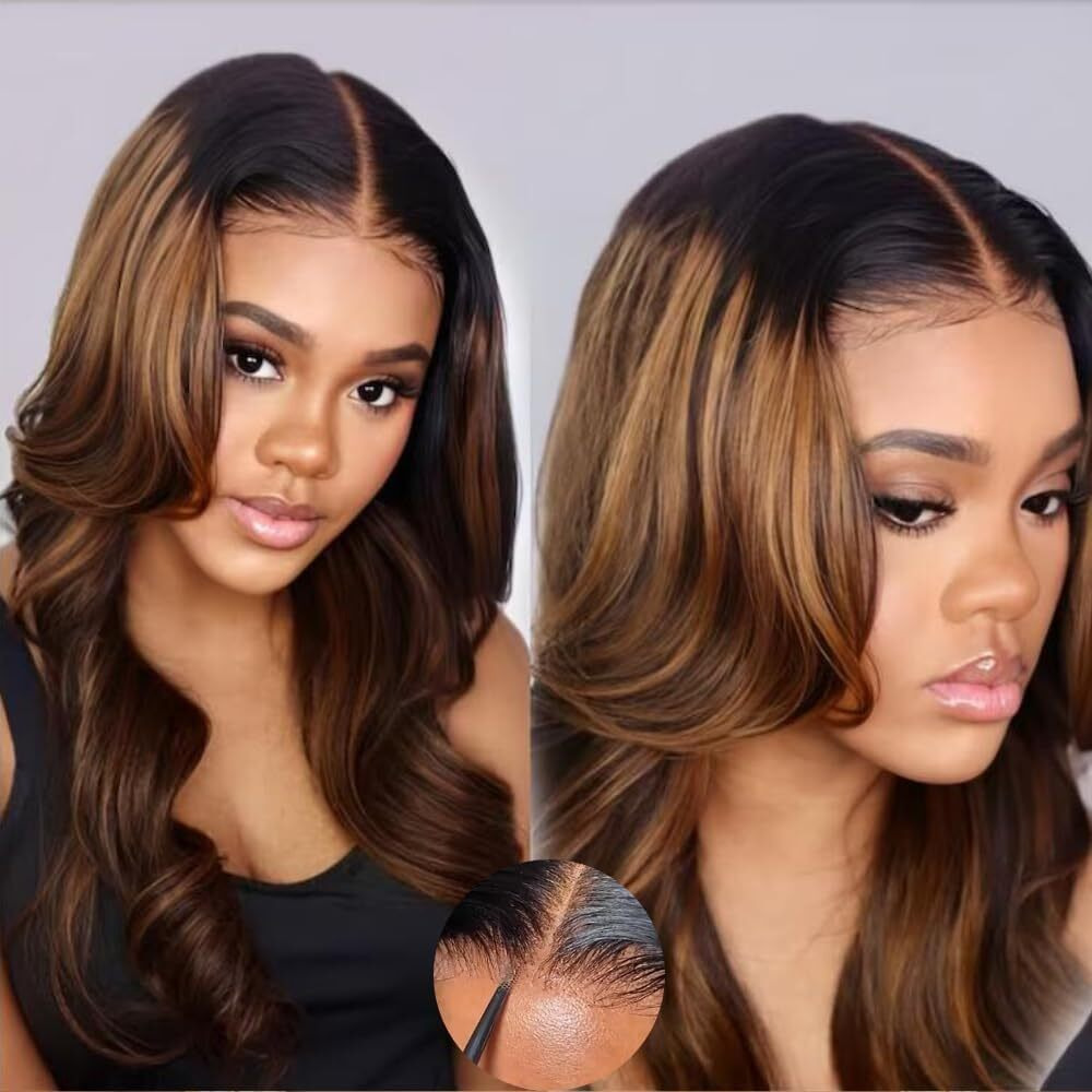 Klaiyi Pre Everything 13X4 Glueless Wig Ombre Brown Body Wave Pre Cut Lace Front Wigs Human Hair Pre Plucked Pre Bleached Wear And Go Wig With Dark Roots 12A Highlight Balayage 3S Ready To Wear 18Inch