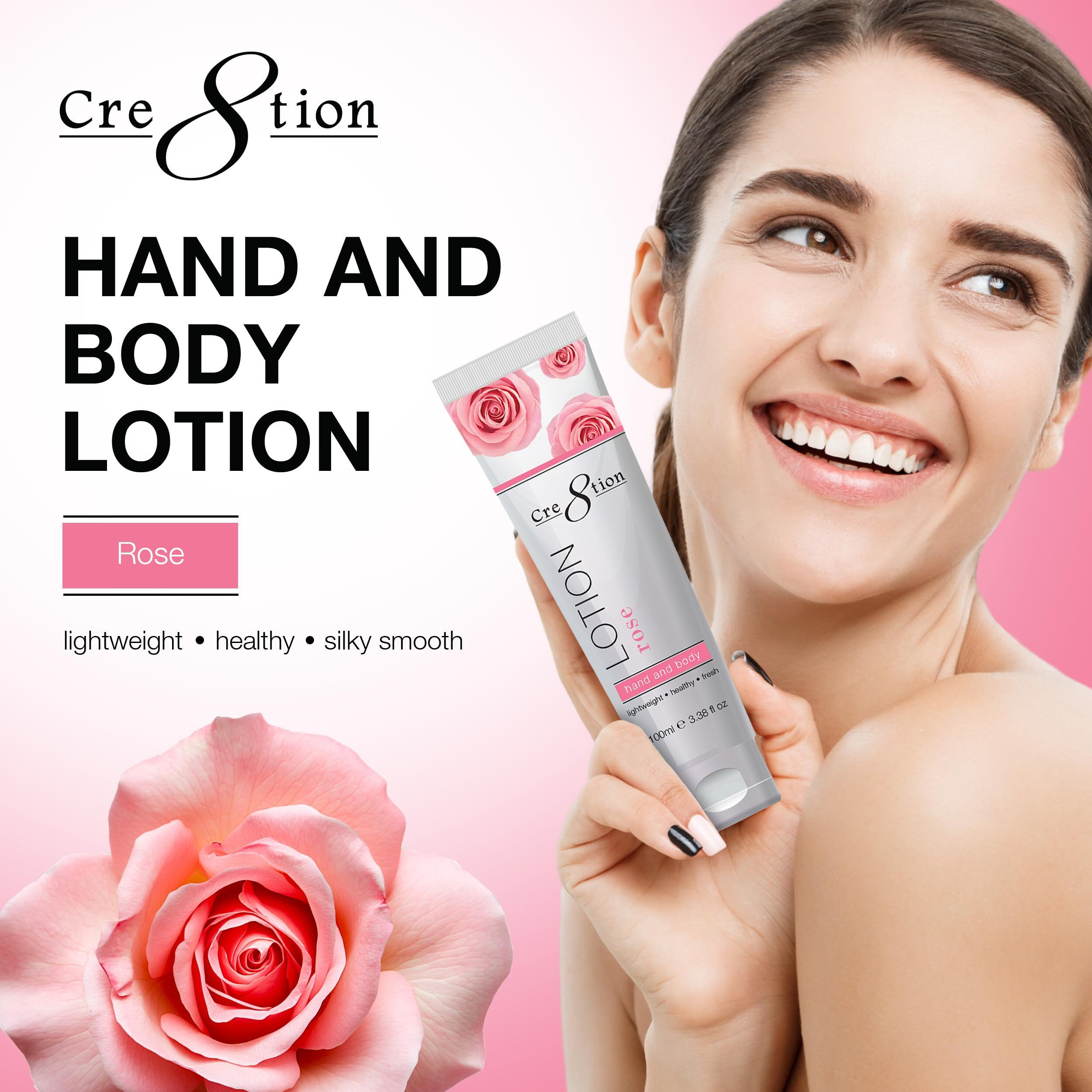 Cre8Tion Spa Rose Hand & Body Lotion, Luxurious Lightweight Moisturizer For Silky, Smooth Skin, 3.3 Fl Oz