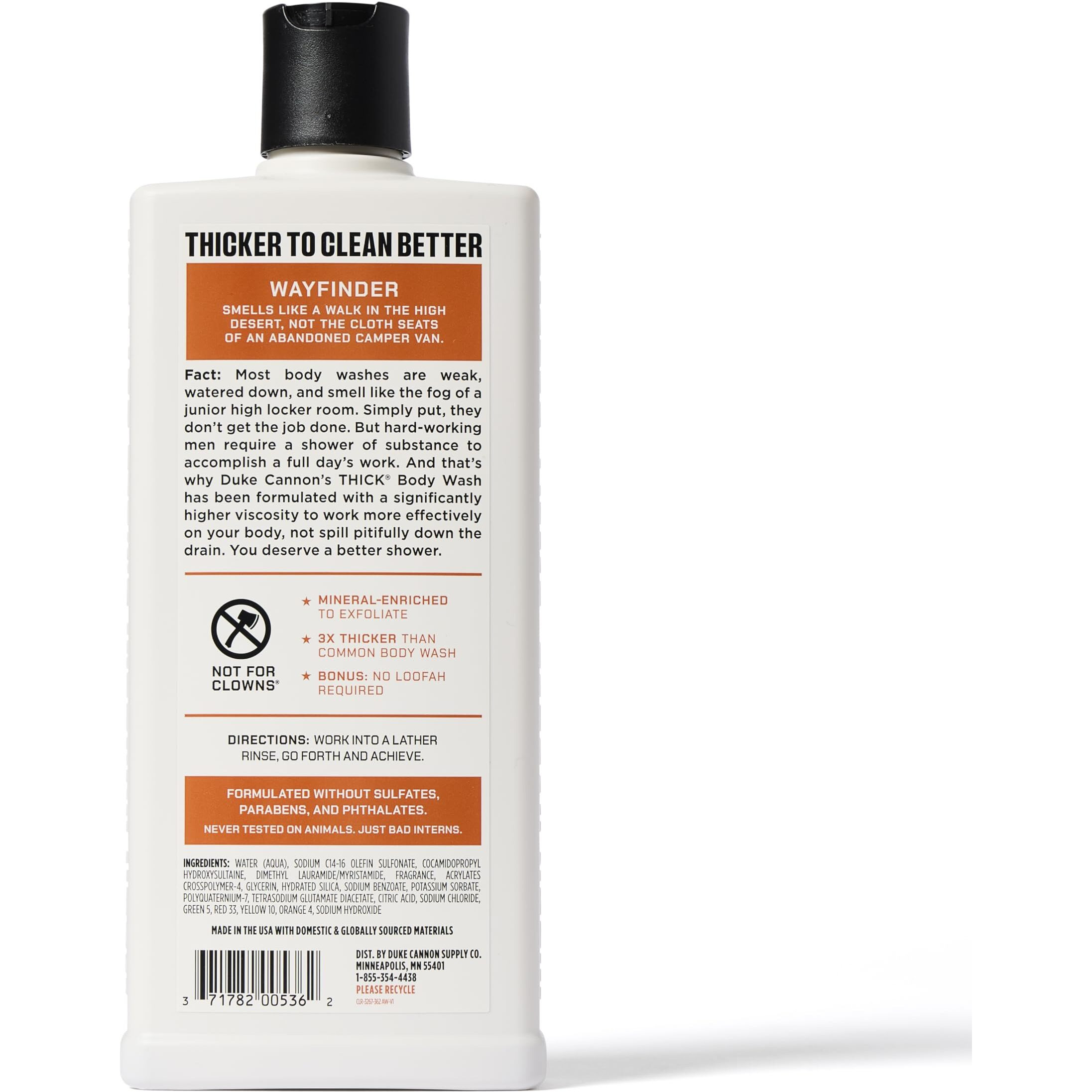 Duke Cannon Supply Co. Thick High Viscosity Body Wash - 3X Thicker, Plant-Based, Mineral-Enriched For Men - Shower Gel - Mens Body Scrub - Wayfinder (18 Oz)