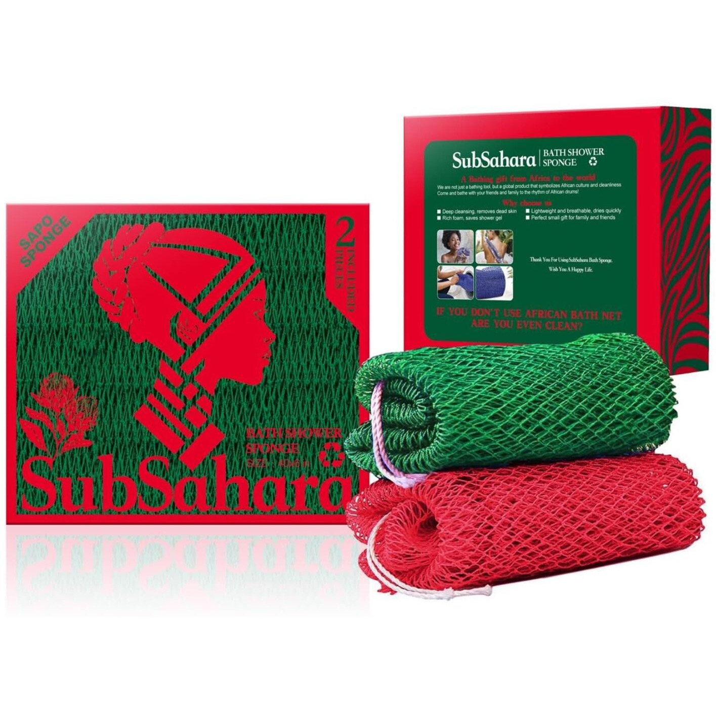 Subsahara Authentic African Net Sponge - 2 Pieces Exfoliating Scrubber For All Skin Types, Bath Sponge For Face & Body, Travel Portable, Durable, Gentle Exfoliation (Red & Green)
