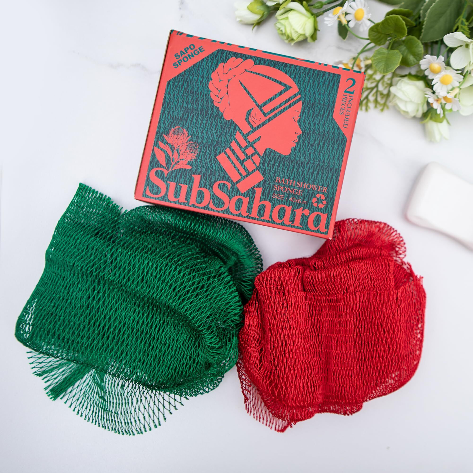 Subsahara Authentic African Net Sponge - 2 Pieces Exfoliating Scrubber For All Skin Types, Bath Sponge For Face & Body, Travel Portable, Durable, Gentle Exfoliation (Red & Green)