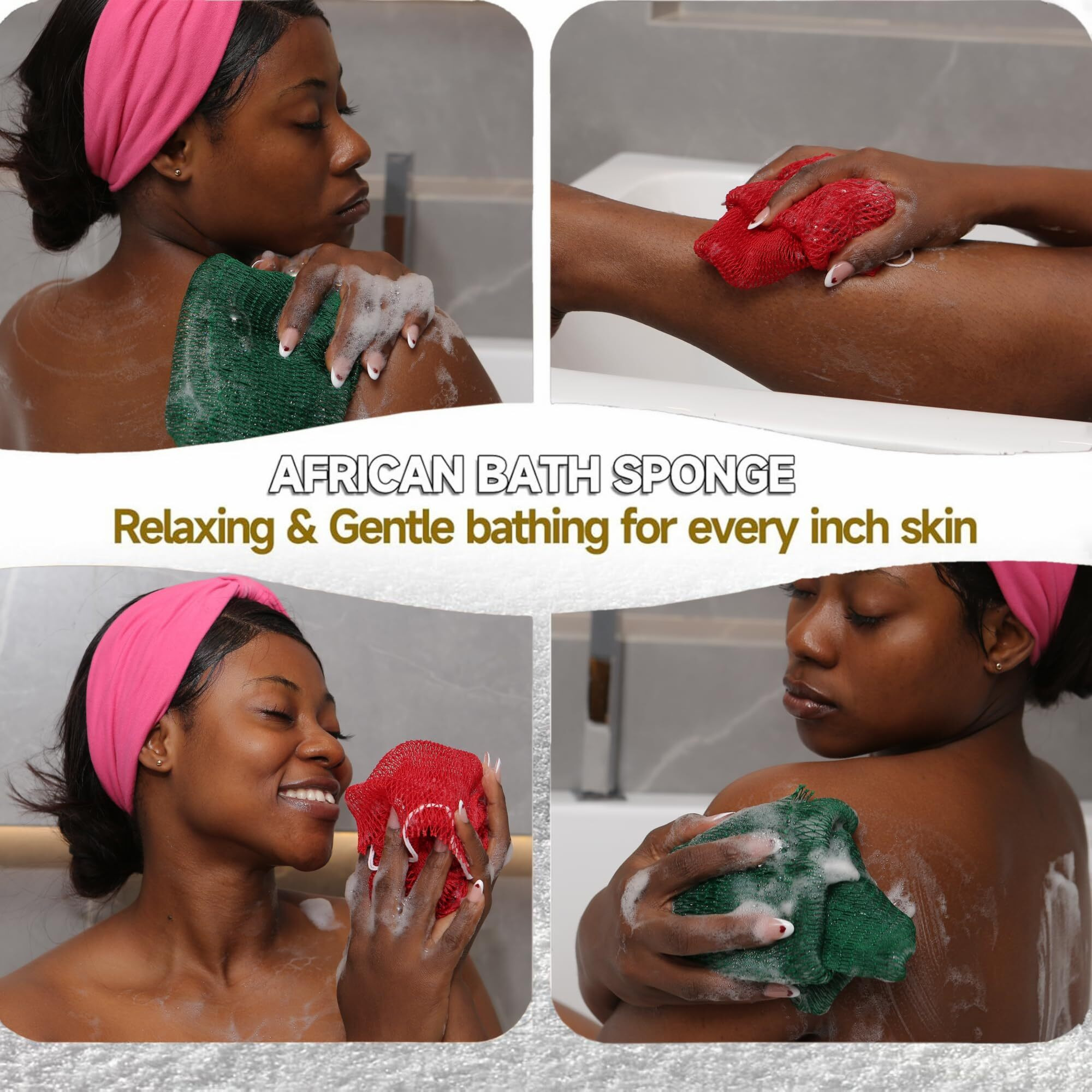 Subsahara Authentic African Net Sponge - 2 Pieces Exfoliating Scrubber For All Skin Types, Bath Sponge For Face & Body, Travel Portable, Durable, Gentle Exfoliation (Red & Green)