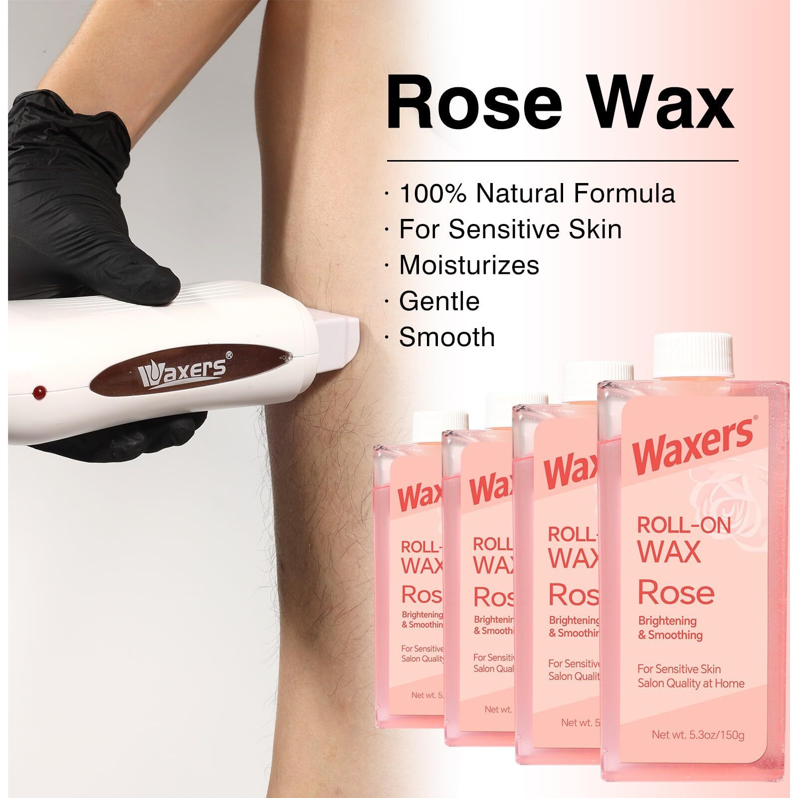 Waxers Roll On Wax Refill For Hair Removal Rose At Home Roller Waxing Cartridges For Sensitive Skin Depilatory Soft Wax For Legs Arms & Body 5.3Oz 150G 4 Pack