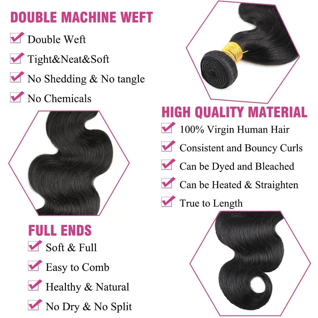 Brazilian Body Wave Human Hair Bundles With Closure 12A Human Hair Bundles With Closure 18 20 22+16Inch 100% Unprocessed Virgin Body Wave 3 Weaves With 4X4 Lace Closure Natural Black