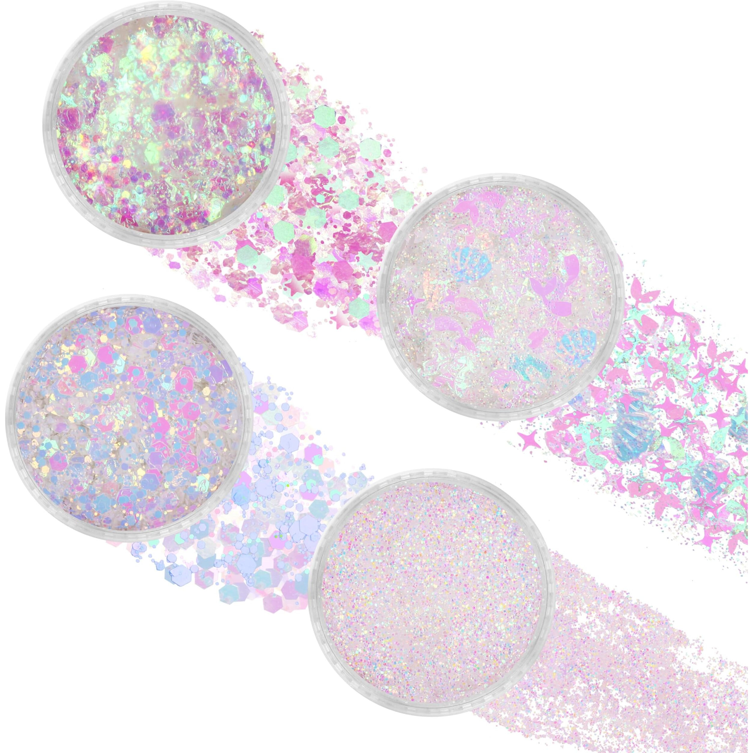 Paminify Mermaid White Face Glitter Gel,10G/Pc 4 Styles Body Glitter For Kids,Mardi Gras Outfits Sparkling Hair Glitter Cheer Makeup Glitters Rave Festival Accessories,40G/1.41 Oz