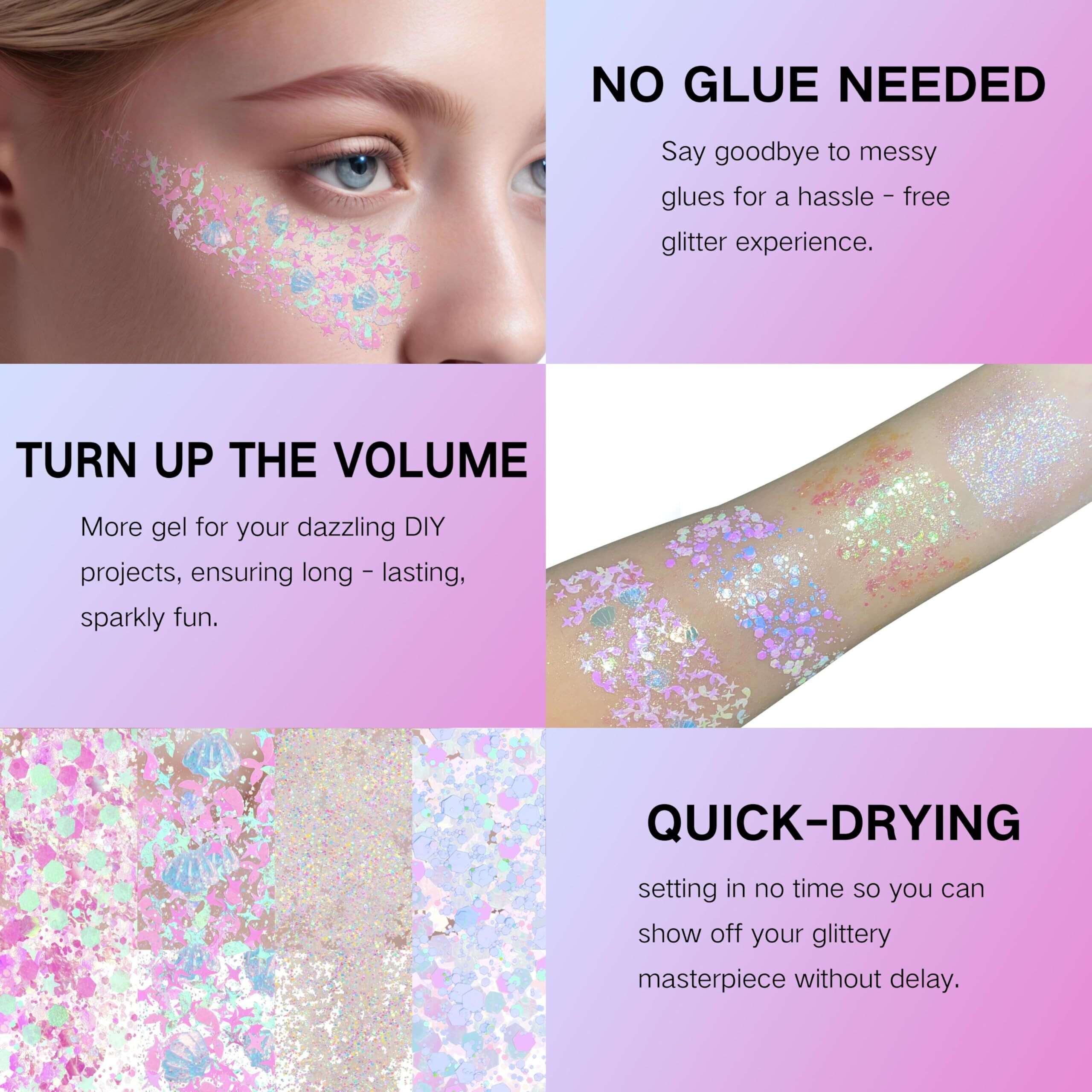Paminify Mermaid White Face Glitter Gel,10G/Pc 4 Styles Body Glitter For Kids,Mardi Gras Outfits Sparkling Hair Glitter Cheer Makeup Glitters Rave Festival Accessories,40G/1.41 Oz