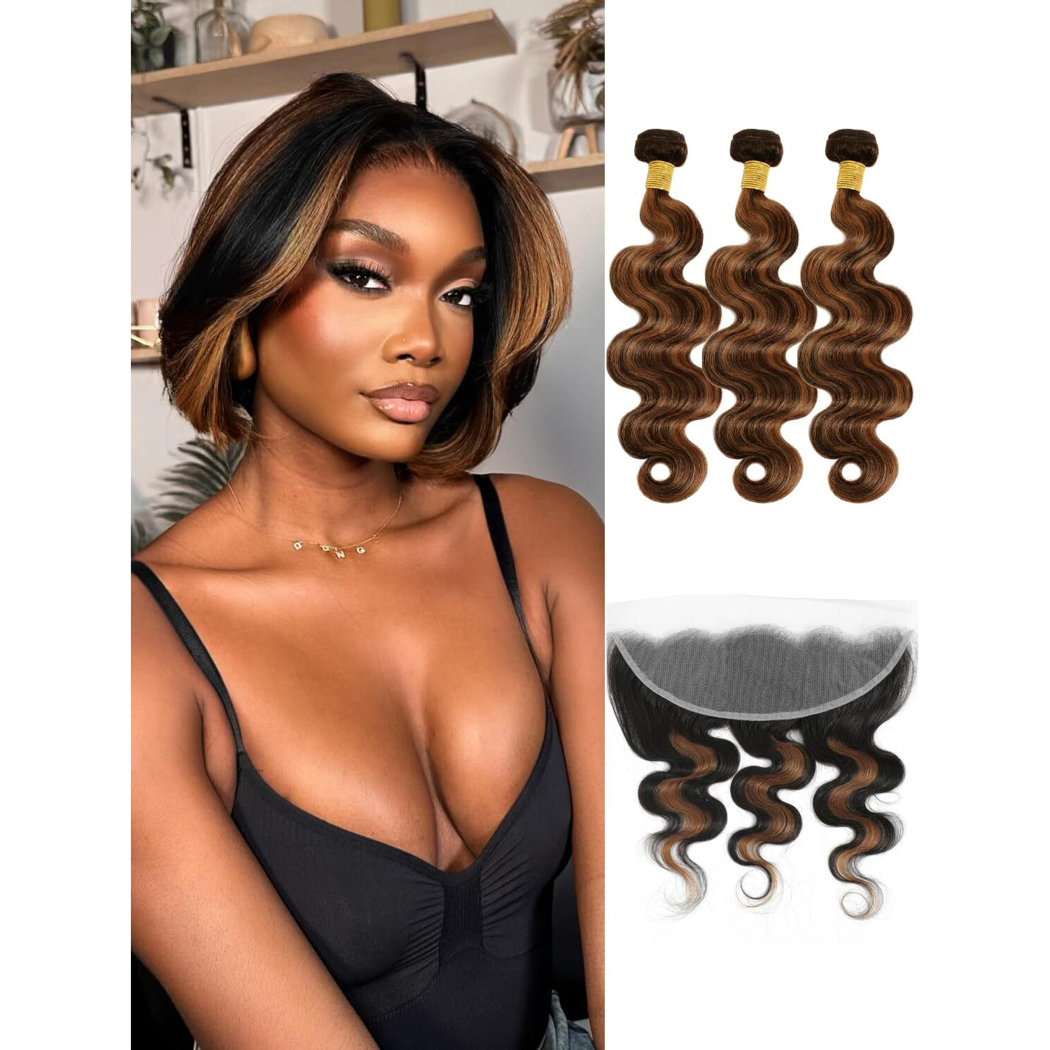 Anmetan Ombre F1B/30 Bundles With Frontal Body Wave Human Hair, 3 Bundles And 13X4 Hd Transparent Lace Frontal Ear To Ear 12A Remy Hair Black And Brown Highlight Colored 10 12 14+10 Inch