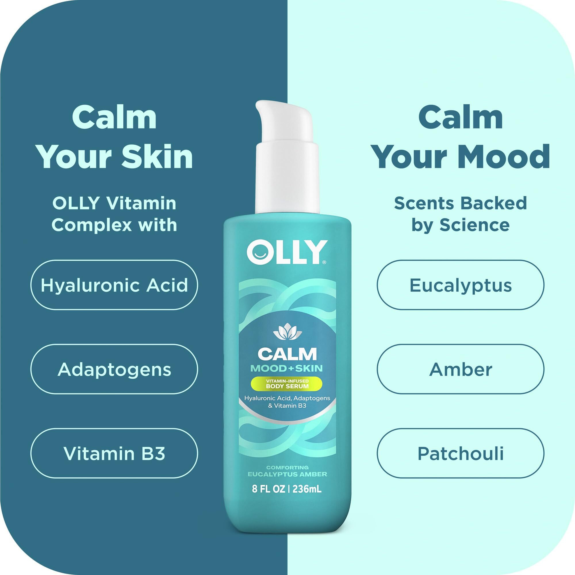 Olly Calm Body Lotion-Serum With Hyaluronic Acid, Adaptogens & Vitamin B3- Nourishing Cleanser For Skin Barrier Repair, Deep Hydration, Eucalyptus Amber Scent, 8Oz