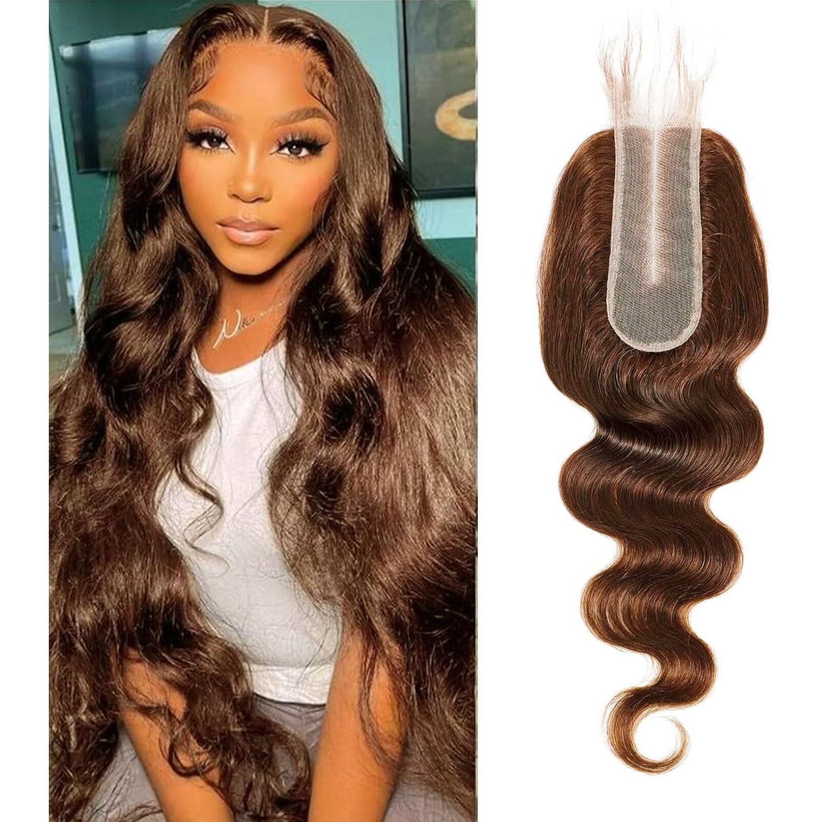 Dsekcain 2X6 Hd Lace Closure Human Hair Body Wave 4 Chocolate Brown Color Transparent Lace Closure 2X6 Long Deep Middle Part 100% Raw Virgin Human Hair 14 Inch 150% Density