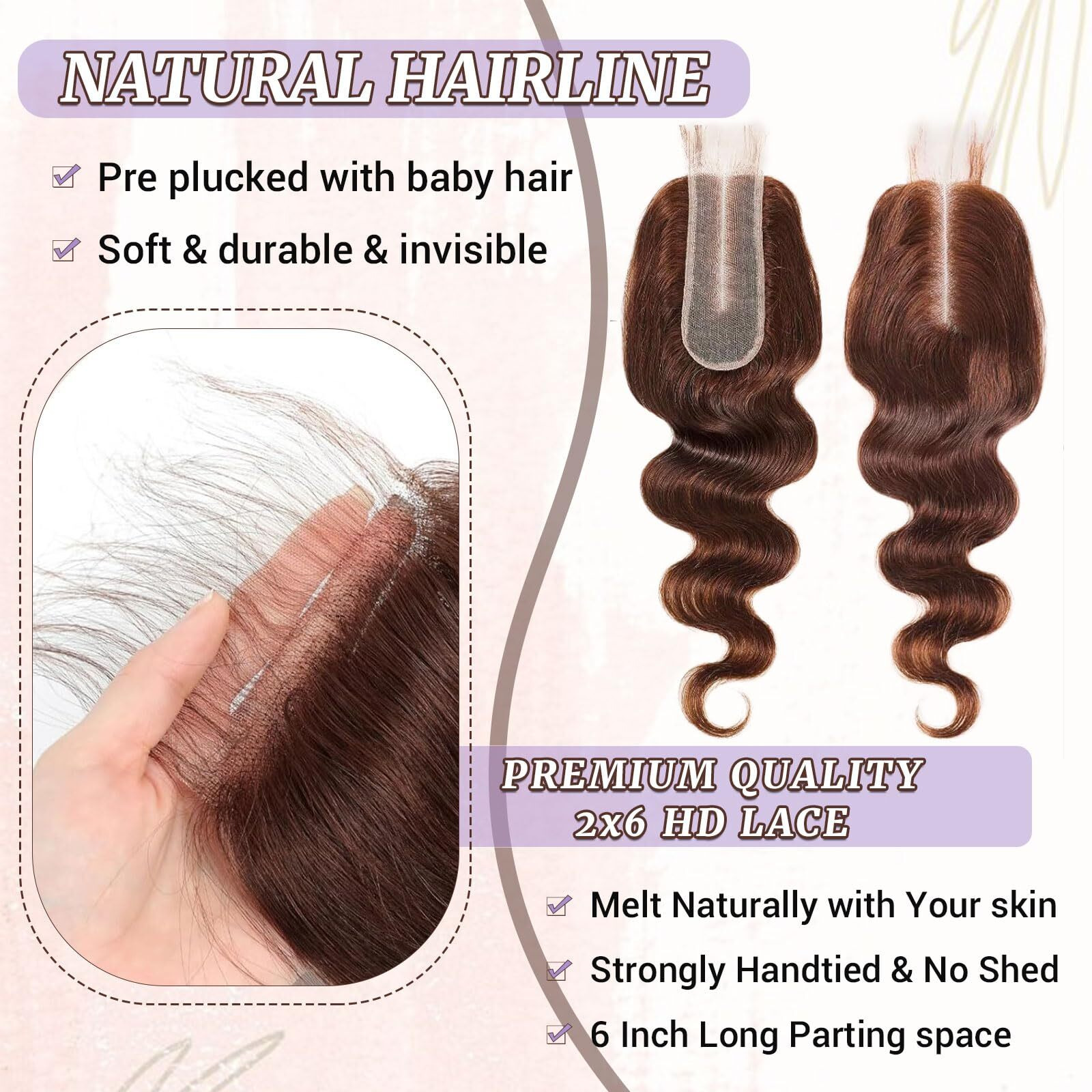 Dsekcain 2X6 Hd Lace Closure Human Hair Body Wave 4 Chocolate Brown Color Transparent Lace Closure 2X6 Long Deep Middle Part 100% Raw Virgin Human Hair 14 Inch 150% Density