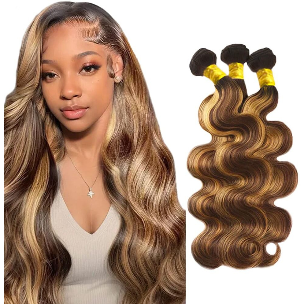Ombre Human Hair Bundles Highlight Body Wave Bundle P427 Human Hair 3 Bundles Brown Mixed Honey Blonde Bundle 26 26 26 Inch