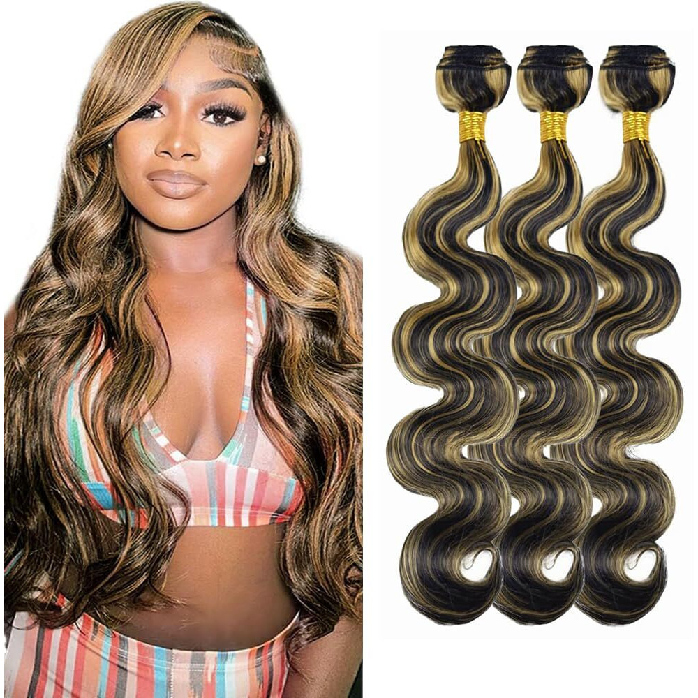 Niciitysi 24 26 28 Inch P1B/27 Human Hair Highlight Body Wave Bundles Ombre Two Tone Black And Honey Blonde Bundles Double Weft Brazilian Hair Extensions